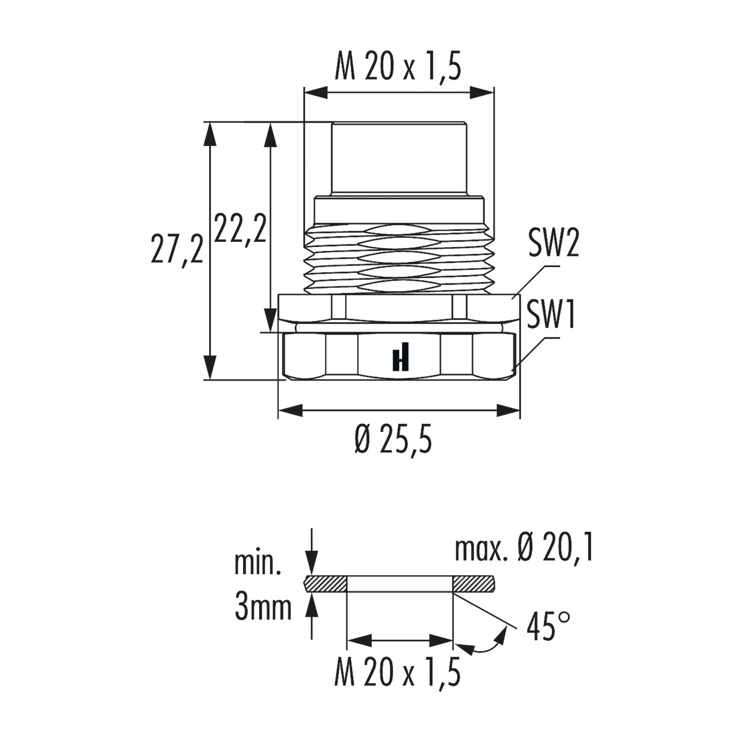A712-7S51000000 Hummel M12 Power Device plug for socket straight Rear wall Colour silver