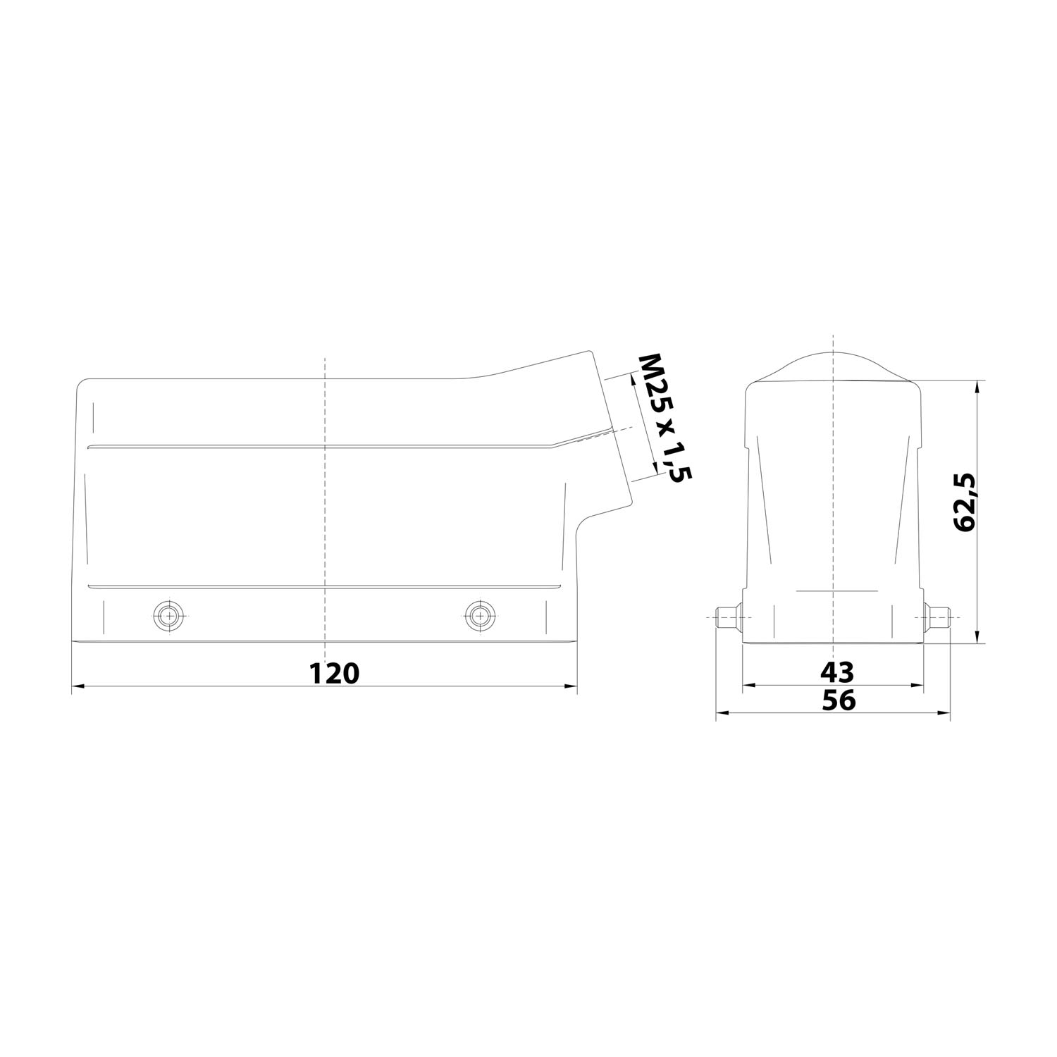 19628241521 Harting Han 24B EMC / High Temp Hood low, 1xM25 lateral cable outlet, for 2 levers (on the lower part) Screw connection M25 Clamping range 9.0 mm - 17.0 mm