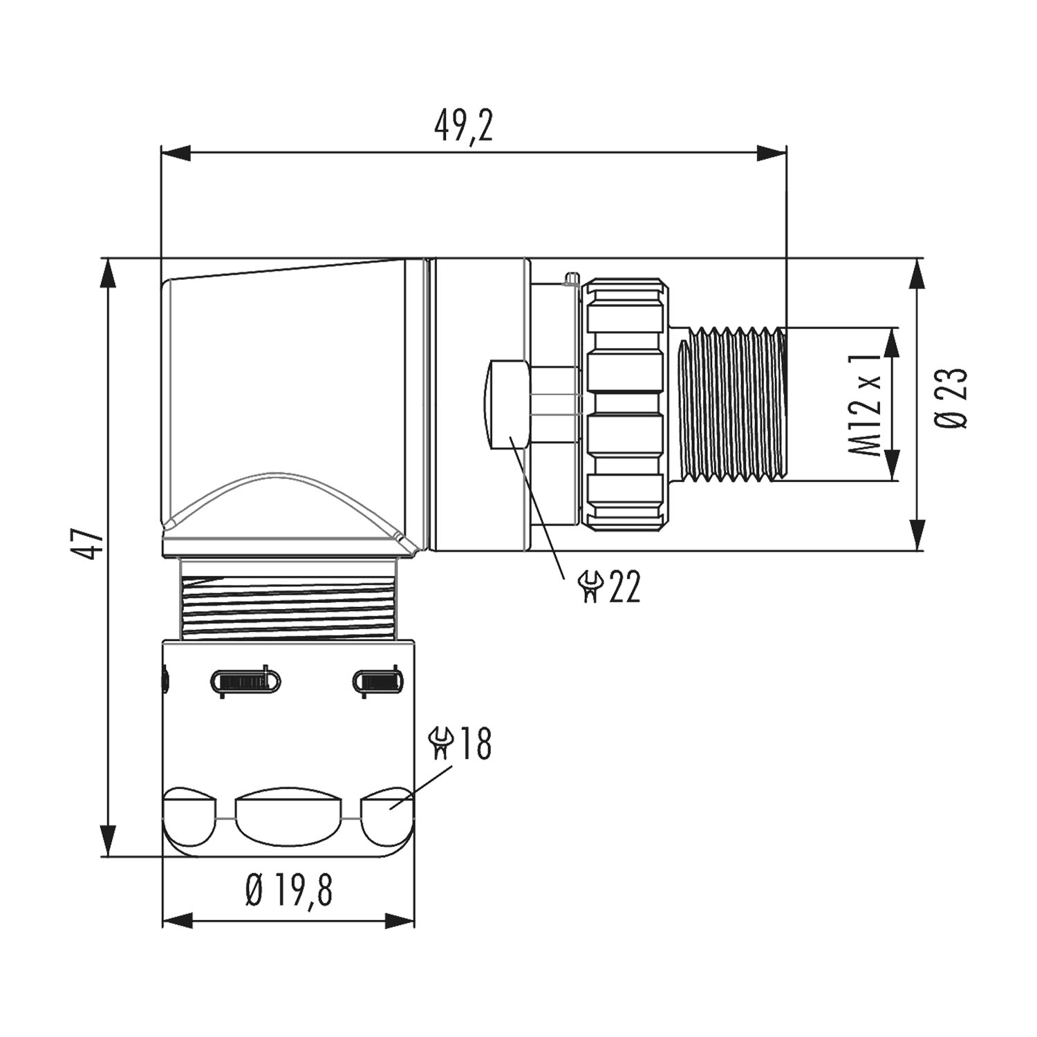 A712-7S31400000 Hummel M12 Power Coupling connector for pin insert angled Cable outlet sideways, Clamping range 5.0 mm - 9.0 mm Colour silver