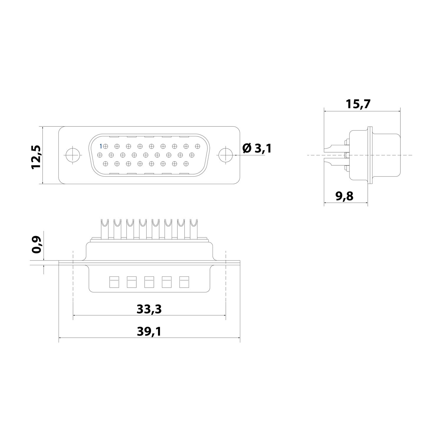 D-Sub Pin insert (M) High Density (HD) suitable for D-Sub backshell size 15 26-pole Manual solder connection