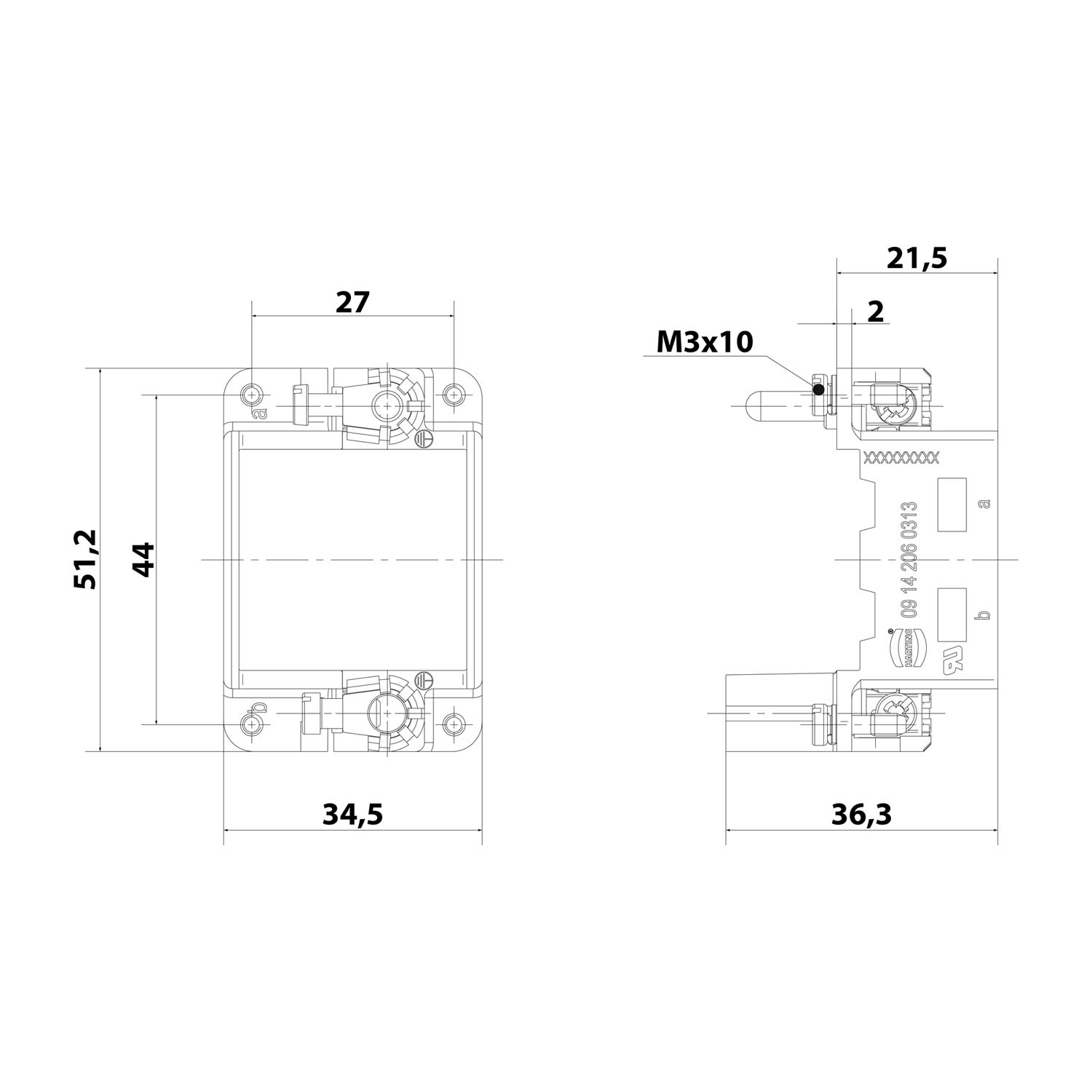 09142060313 Harting Han HMC Articulated frame (F), Size 6B Socket, for 2 modules Cross-section PE 1 mm² - 2.5 mm² / 4 mm² - 10 mm² Temperature range -40°C to 125°C
