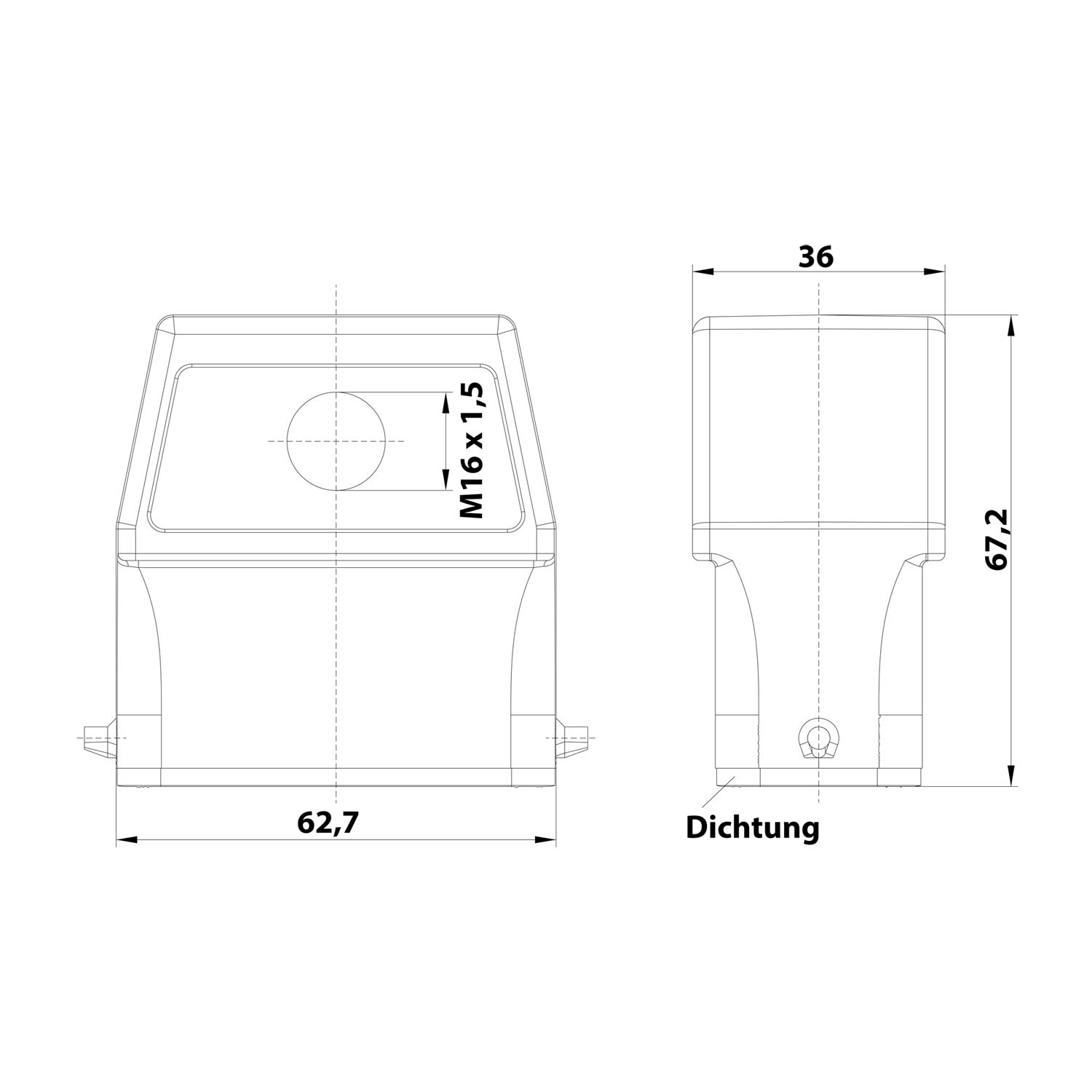 05200100661 Harting Han 10A Hood high, 1xM16 Front cable outlet, for 1 levers (on the lower part) Screw connection M16 Clamping range 4.5 mm - 10.0 mm