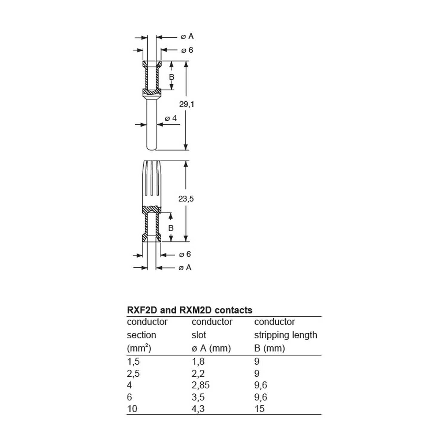 Pin contact, 6.0mm², gold HNM, crimp connection, 40A, CX series