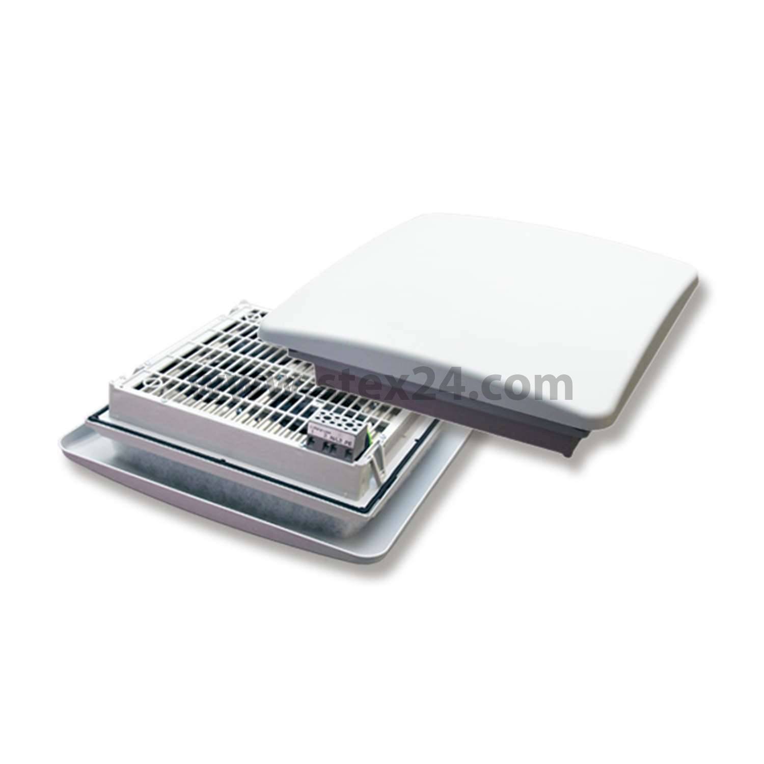 Dachlüfter DL, Serie: DLV 440 - 230V, Maße L/B/H 287,0mmx287,0mmx104,0mm mit 4 Axiallüftern 71 m³/h freiblasend, 2700/3200 U/min, 230V AC, 40 / 32W Snap-In / Schraubbefestigung