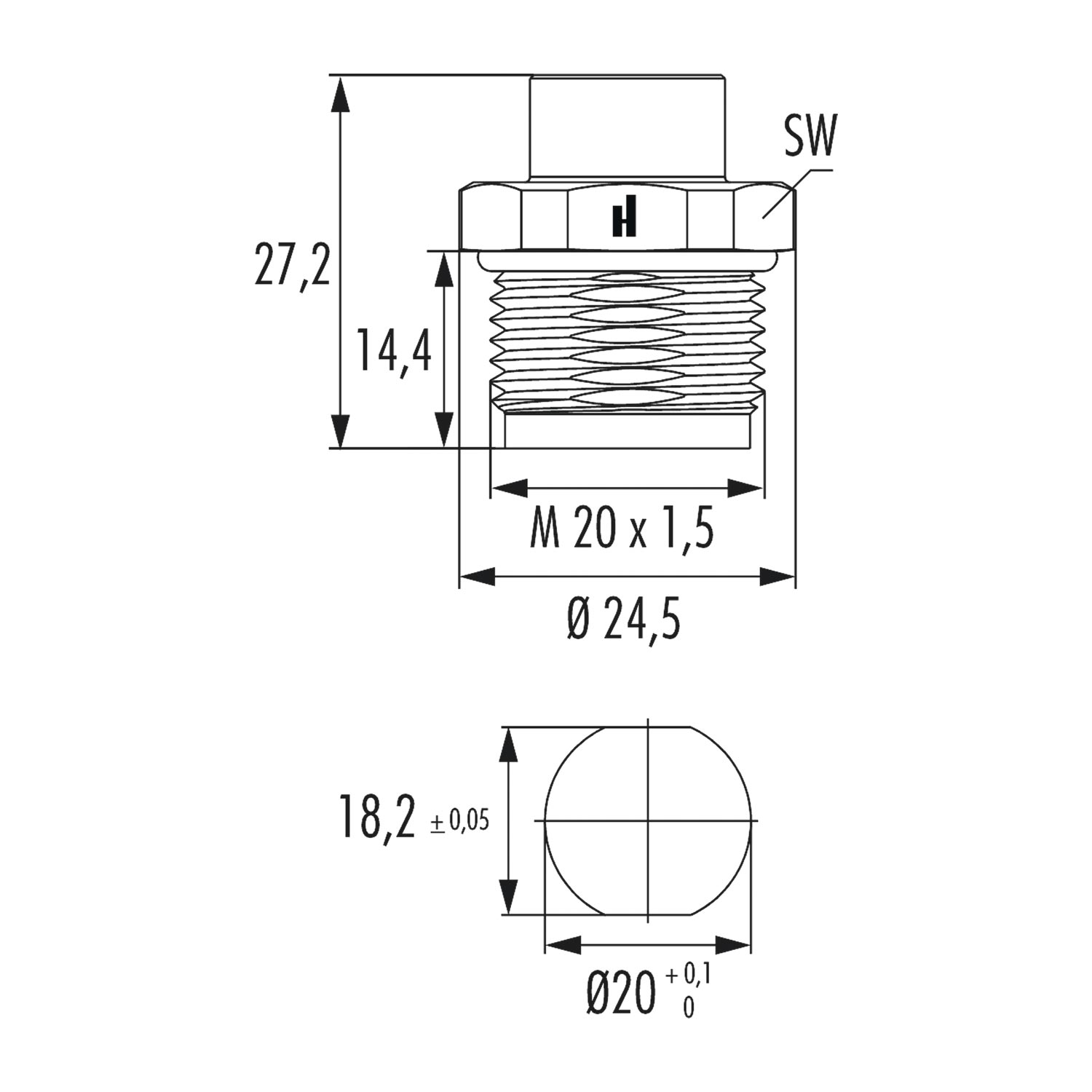 A712-7S4400000G Hummel M12 Power Device plug for socket straight with locknut Front wall Colour silver