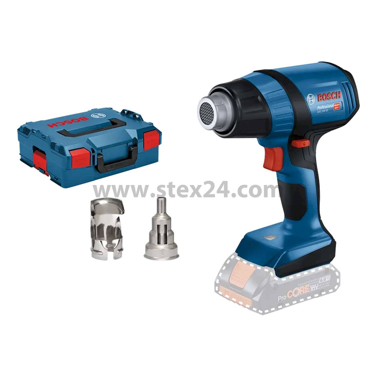 BOSCH Bosch battery hot air blower, GHG 18V-50, Temperature range 300°C to 500°C Airflow 175 l/min incl. without battery Battery voltage 18V Storage method System case