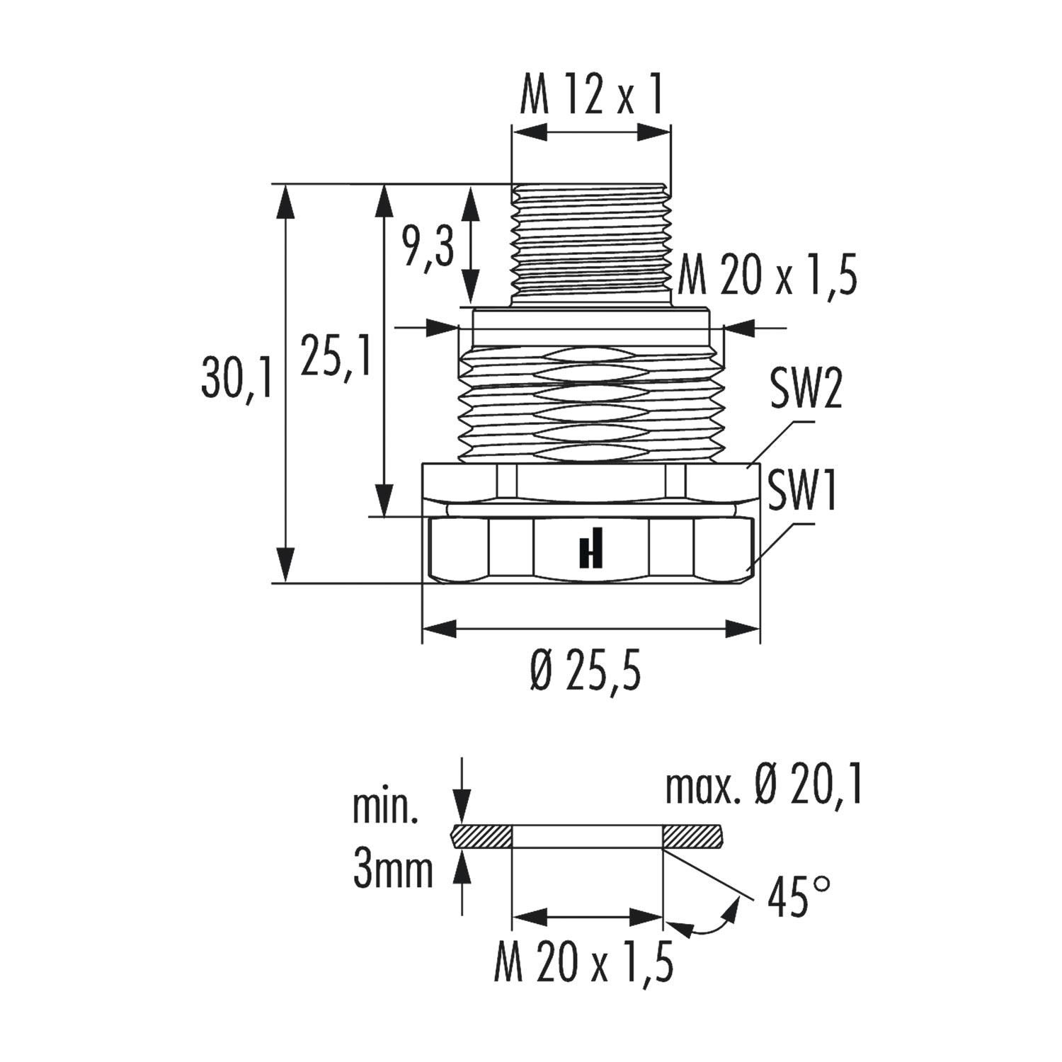 A712-7S50000000 Hummel M12 Power Device plug for pin straight Rear wall Colour silver