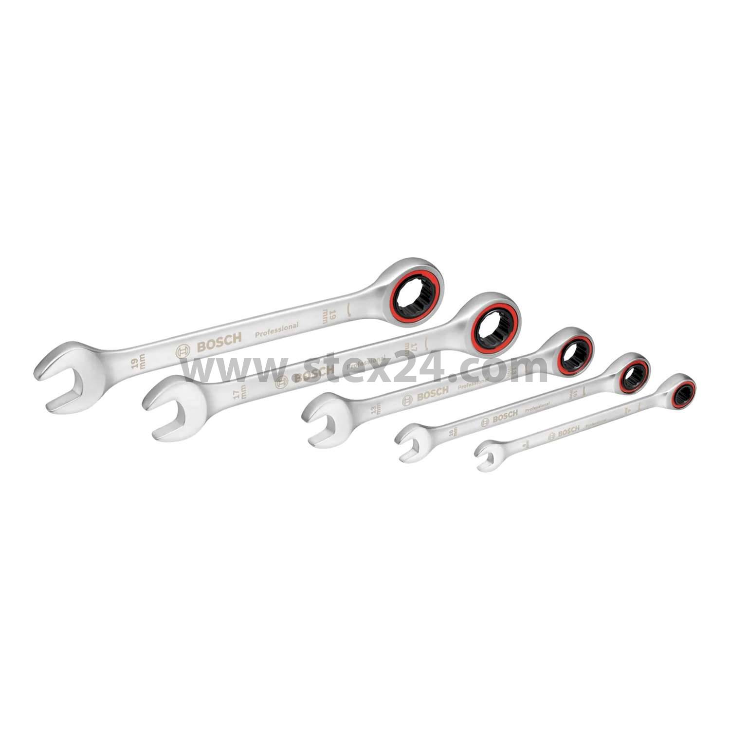 BOSCH Bosch combination spanner set with ratchet, 12-edge profile SET 5 pieces Material Chrome vanadium steel (CrV) Tool holder Mouth position: 15°s, Storage method Textile bag