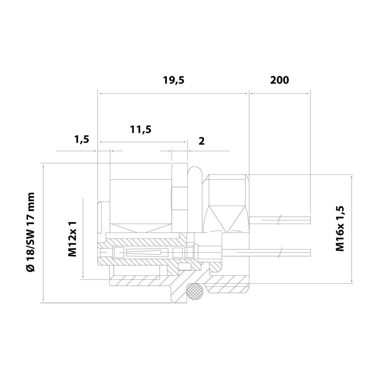 M12 Device connector straight Socket Number of poles 4-pole Front wall, Stranded wires 0.25 mm² AWG24, Length 200.0 mm