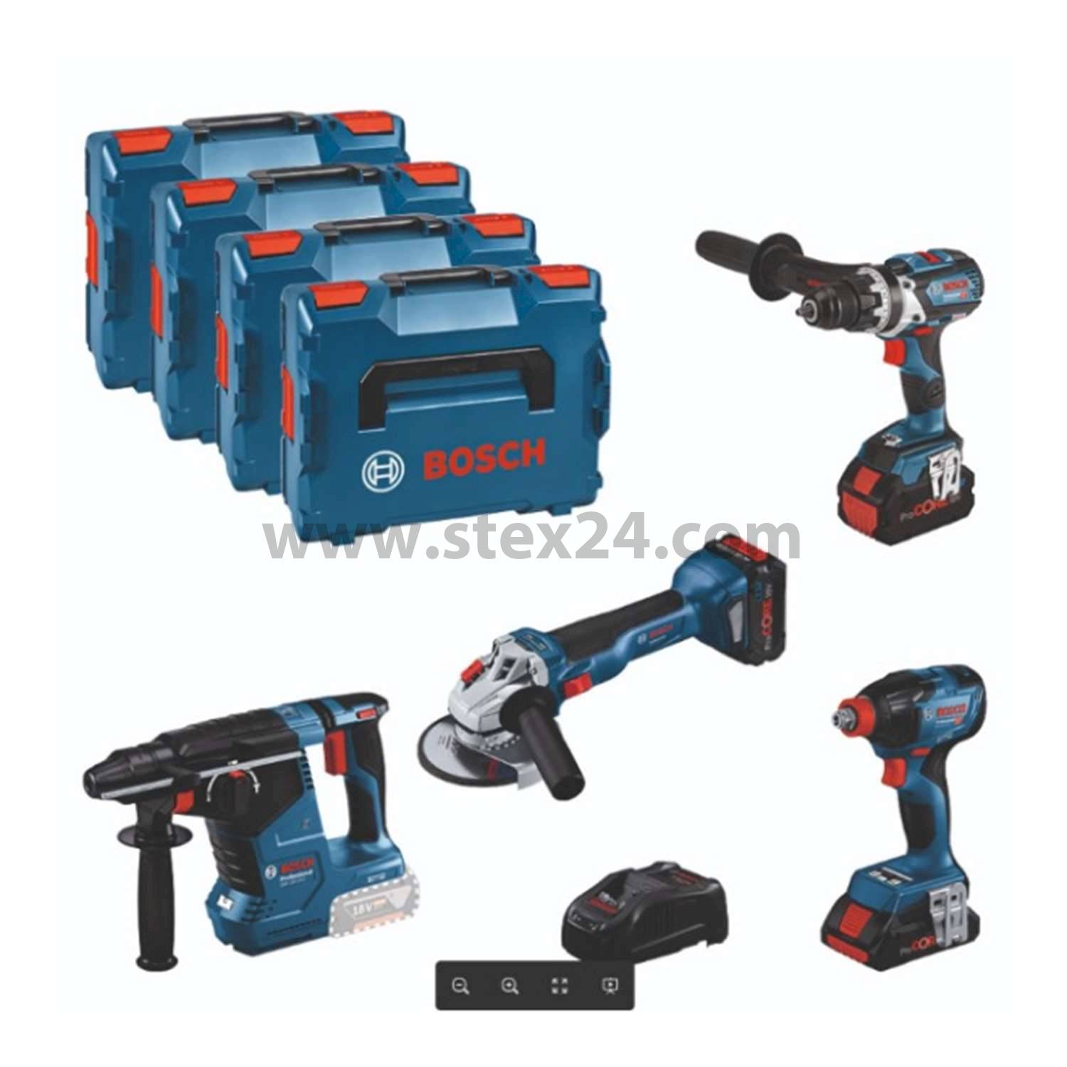 BOSCH Bosch battery combo kit drill, impact wrench, hammer drill, angle grinder, Tool set: GSR + GBH + GWS + GDX, SET 4 pieces incl. ProCORE lithium-ion battery Battery voltage 18V, 1x 4.0 Ah and 2x 5.5 Ah Battery charging voltage