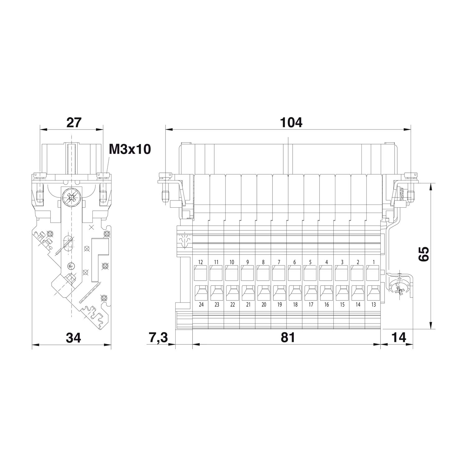09330244725 Harting Répartiteur de raccordement Han 24E Insert femelle (F) « gauche » Connexion à vis, 24-à pôles+PE 500 V, 16A