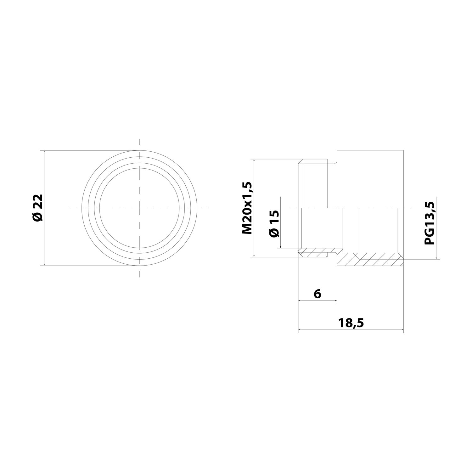 Intermediate connection M/PG from M20x1.5 at PG13.5x1.41 MZM-M/PG around Brass (CuZn) nickel-plated Connection thread 6.0 mm