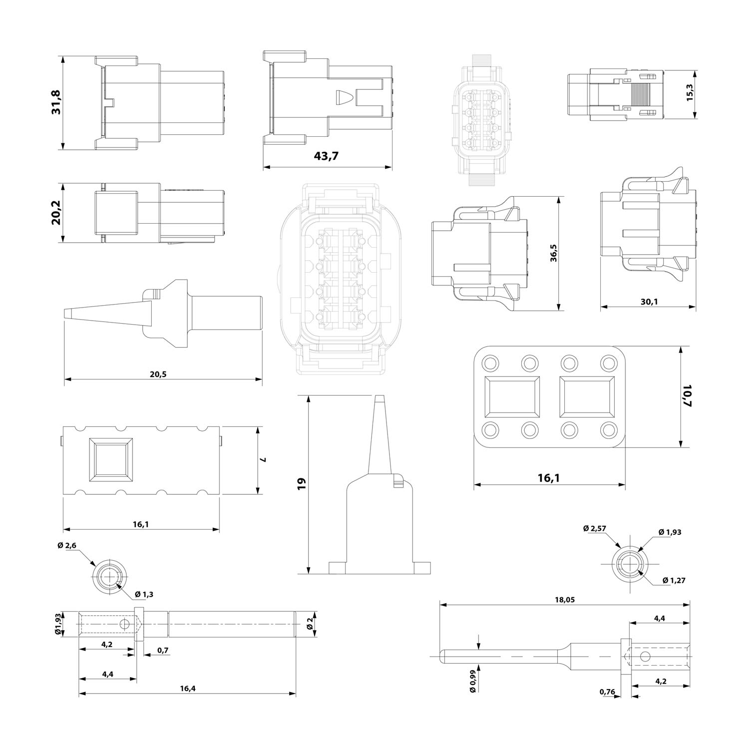 ATM8PS-CKIT Amphenol AS-8SM/F 112 SET connector ATM series 1xStift/1xBuchse, Coding A, 8-pole, Crimp connection Insulation diameter 1.35 mm - 3.05 mm, Contact size size 20