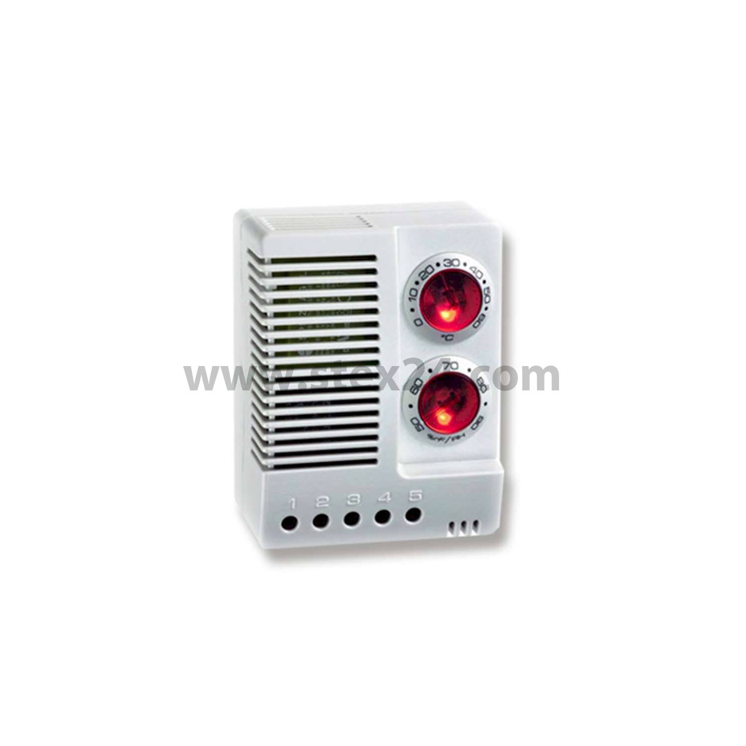 Digitaler Hygrostat/Thermostat, Serie: ETF 012, Maße L/B/H 77,0mmx60,0mmx43,0mm mit Wechslerkontakt zur Ansteuerung von Lüfter und Heizung, Einstellbereich 50 - 90 % r.F. und 0 bis 60°C, 100V - 240V AC Snap-In (TS35)