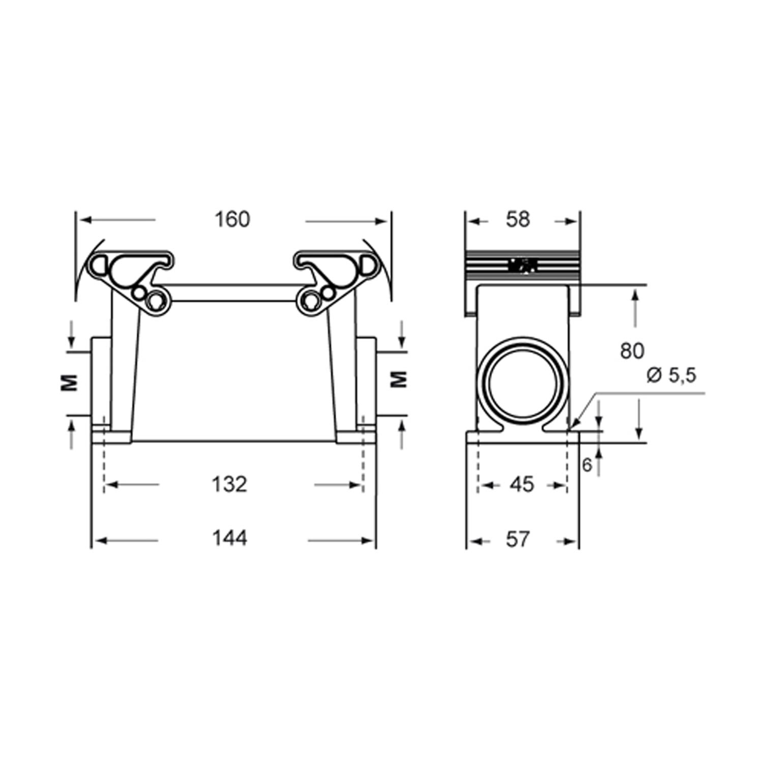 Base housing, high, taille 104.27, T-Type H plastique, 2 brackets, 1xM32 on the side