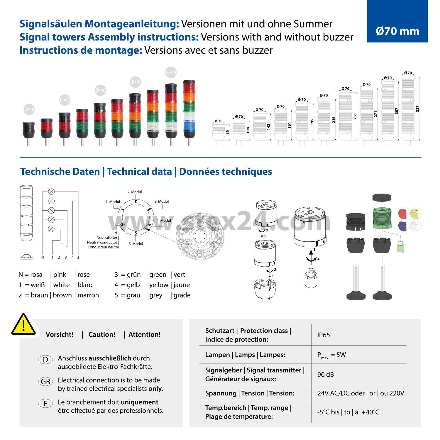 135171 Stex24 Signal tower green, 70 mm, 24V AC/DC, LED permanent light Cable 2.5 metres, SS70-OB1/24 123 Connection technology: Connection cable