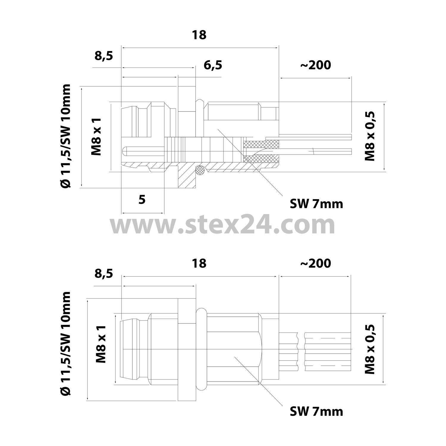 M8 Device connector straight Pin Number of poles 3-pole Front wall, Stranded wires 0.25 mm² AWG24, Length 200.0 mm