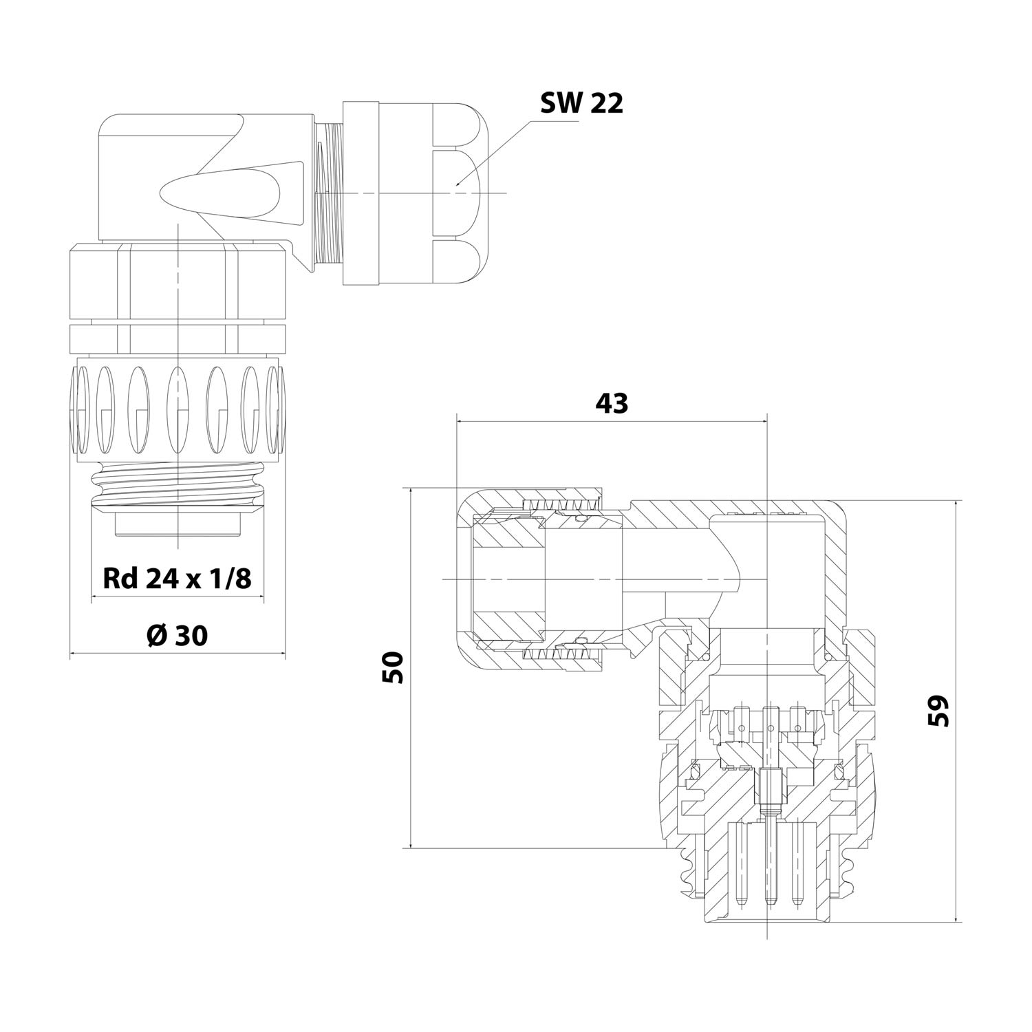 C01630K00610012 Amphenol RD24-KSW Connecteurs pour câbles coudé Mâle Raccord à souder, Nombre de pôles 6+PE Sortie de câble sur le côté, Plage de serrage 6,0 mm - 12,5 mm
