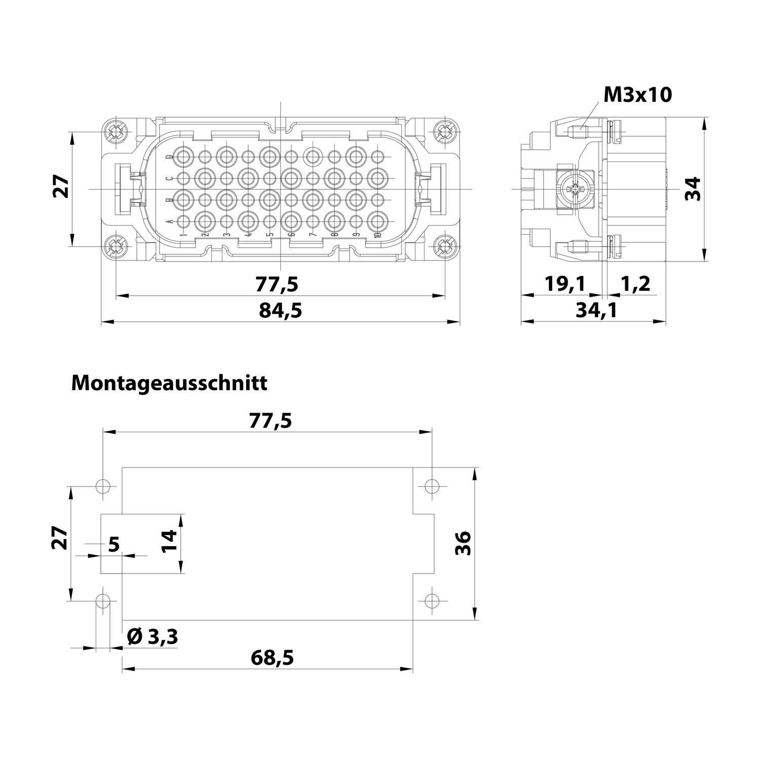 09210403001 Harting Han 40D Pin insert (M) Crimp connection, 40-pole+PE 250V, 10A