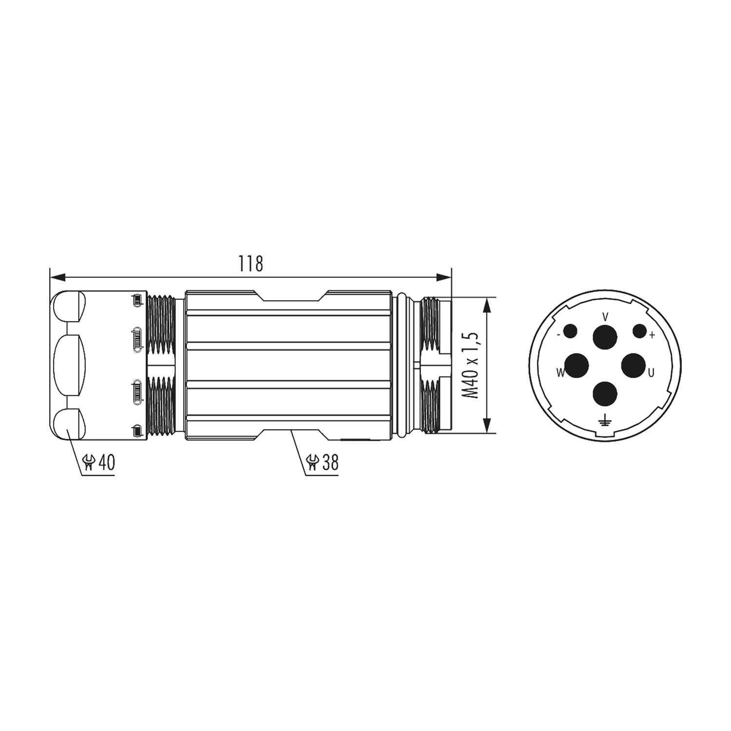 7720723000 Hummel M40 Power Coupling connector straight Pin Crimp connection, Number of poles 3+2+PE Cable outlet straight, Clamping range 17.0 mm - 24.0 mm