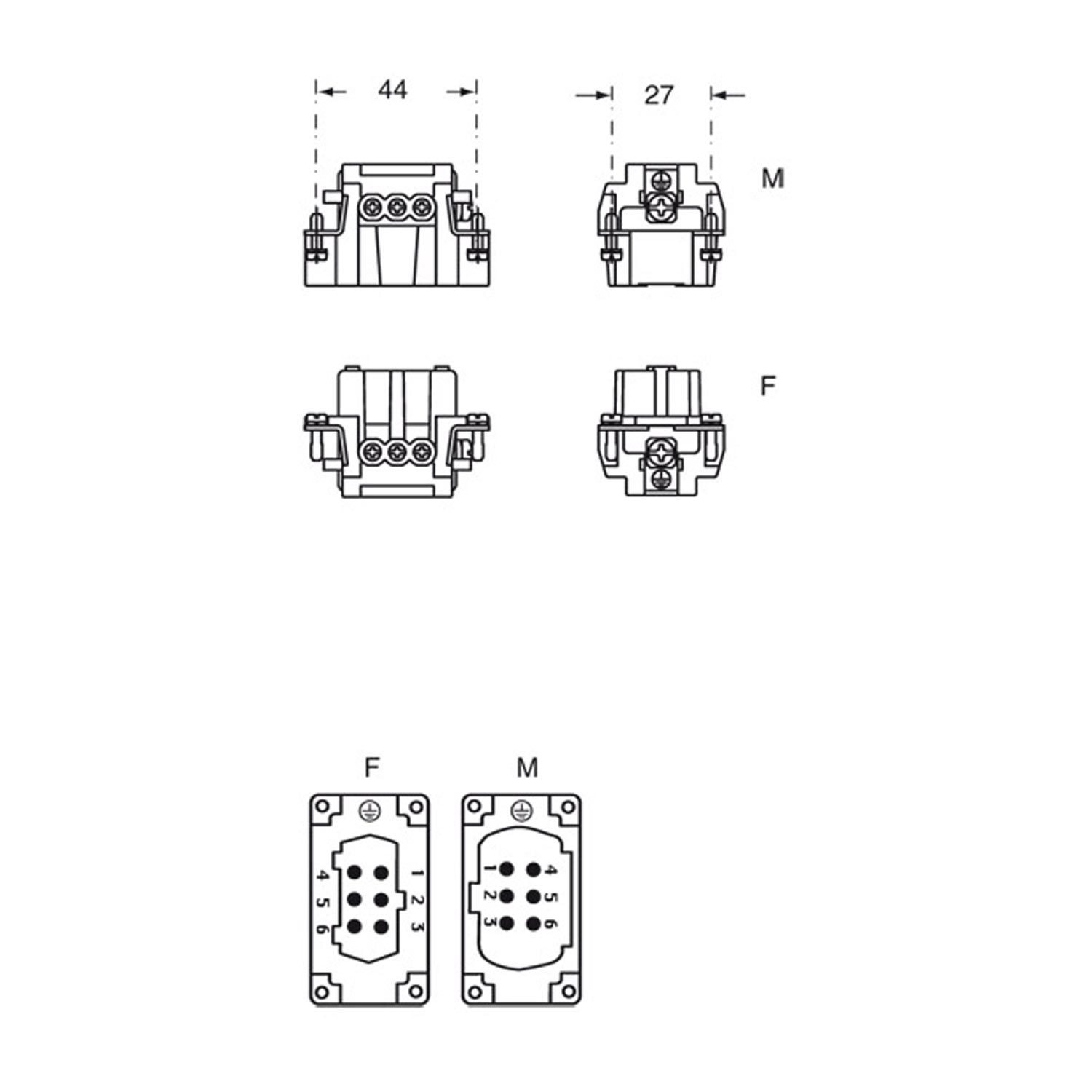 Socket insert, taille 44.27, 6P+PE, silver, screw terminal, 16A, 500V, 180°C