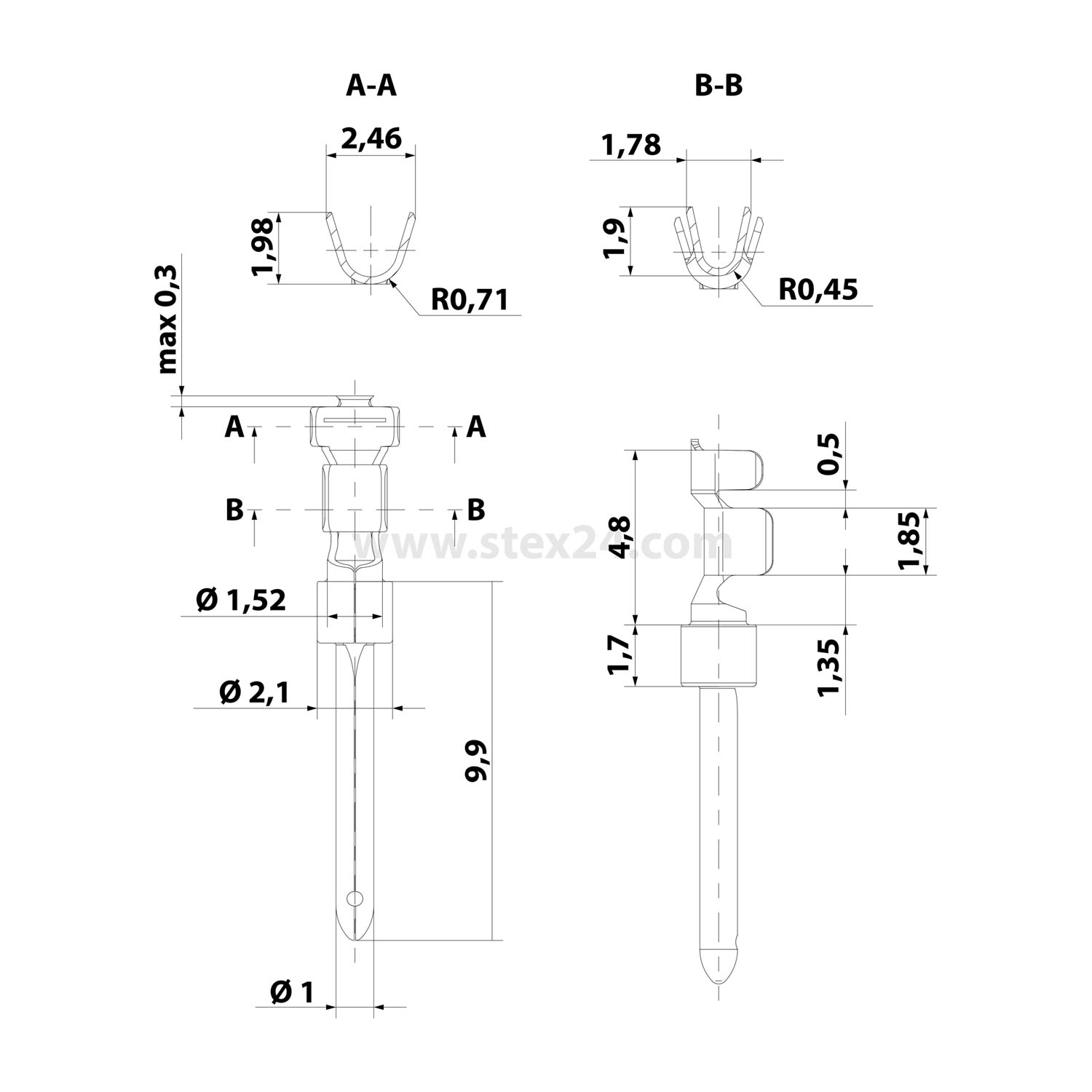 Contacts à sertir, pin, copper alloy, conductor cross-section: 0.25 to 0.52 mm², AWG 24 to AWG 20
