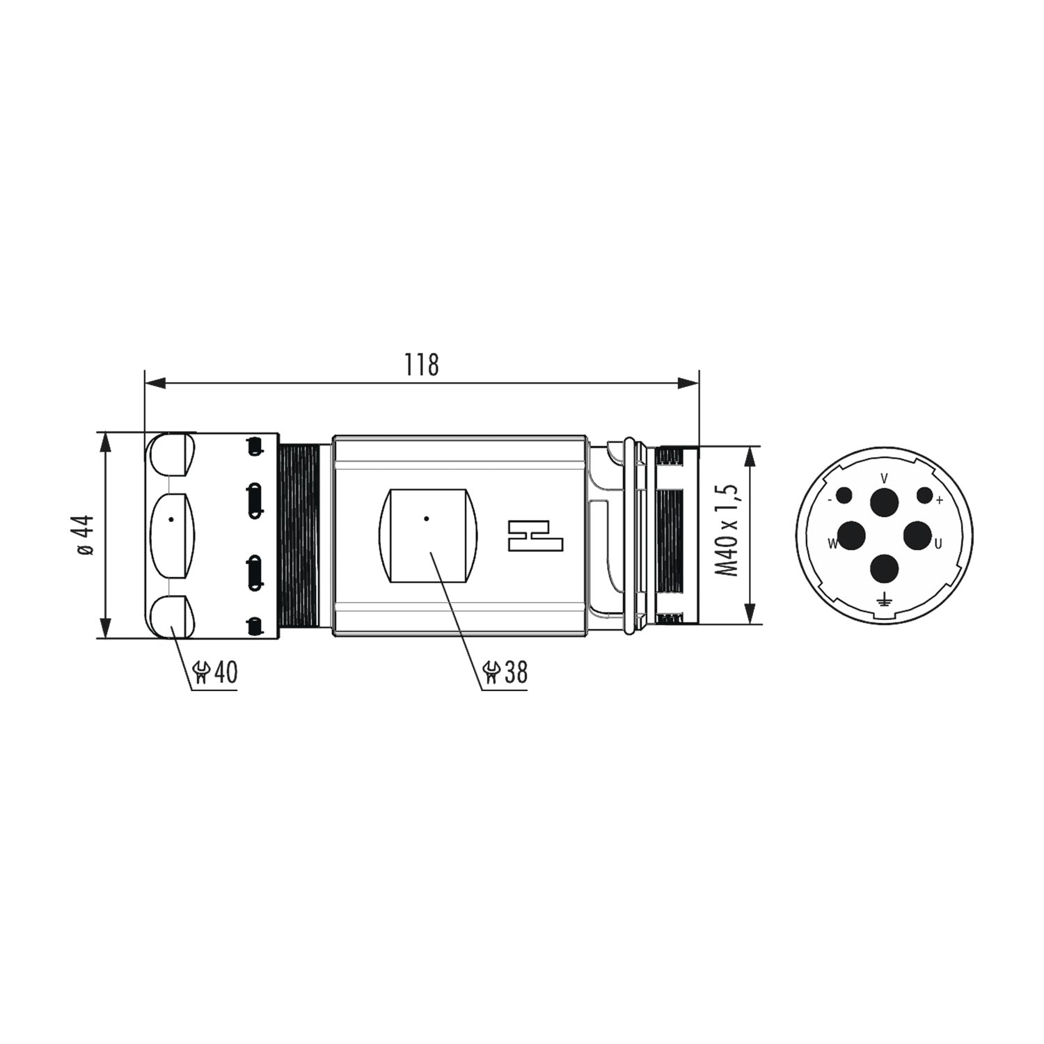 772072300S Hummel M40 Power Coupling connector straight Pin Crimp connection, Number of poles 3+2+PE Cable outlet straight, Clamping range 17.0 mm - 24.0 mm