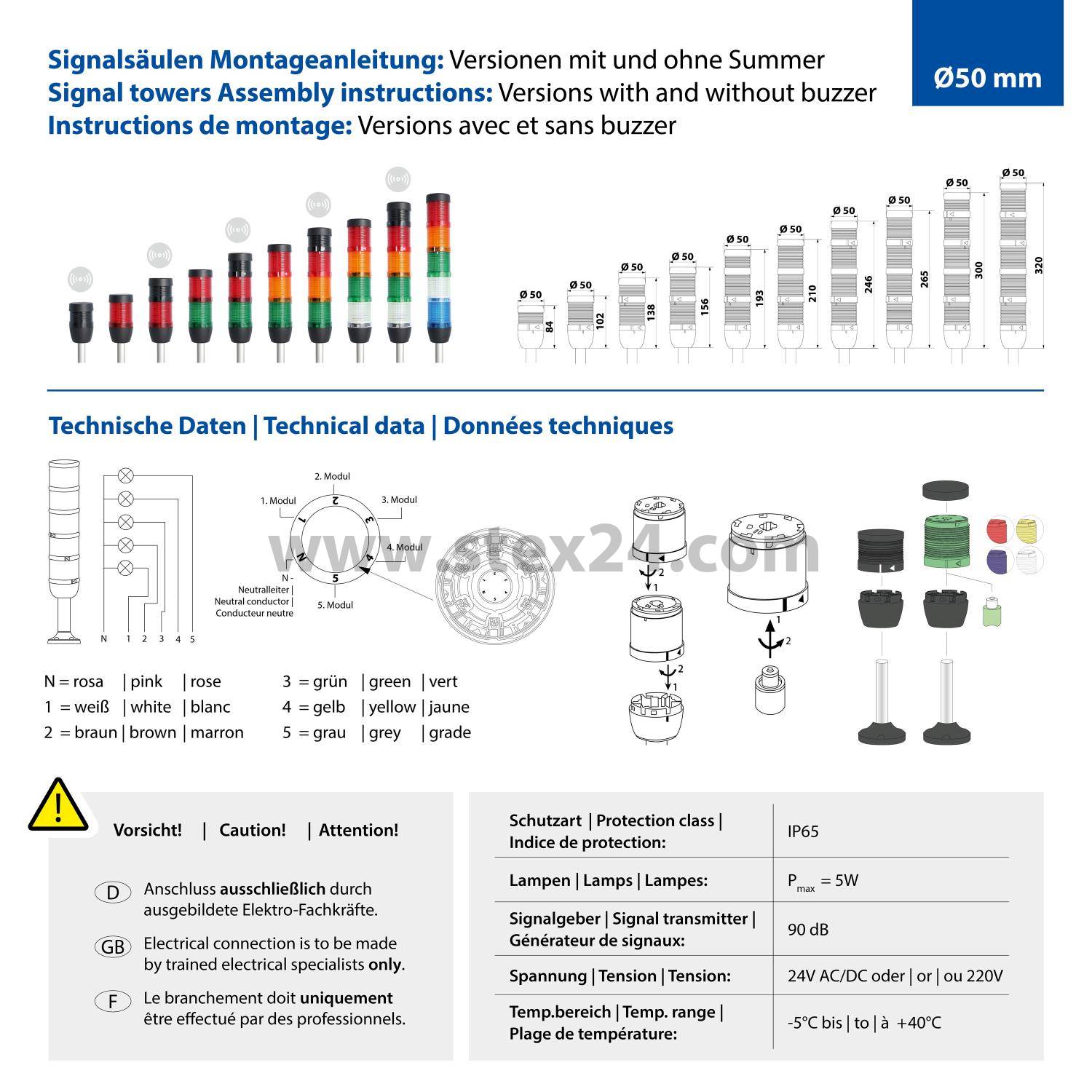 135299 Stex24 Signal tower green, 50 mm, 24V AC/DC, LED indicator light Cable 10.0 metres, SS50-OB1/24 138 Connection technology: Connection cable