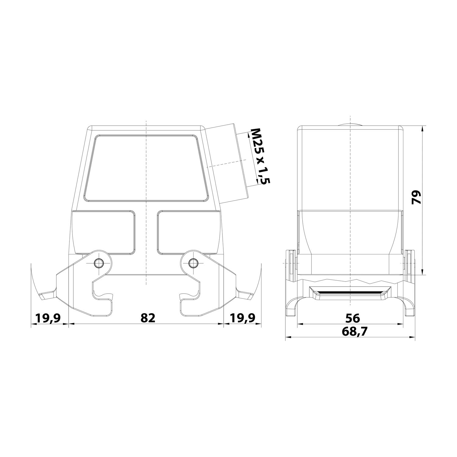 05200320563 Harting Han 32A Capot haut, 1xM25 sortie de câble latérale, avec 2 étriers transversaux Presse-étoupe M25 Plage de serrage 9,0 mm - 17,0 mm