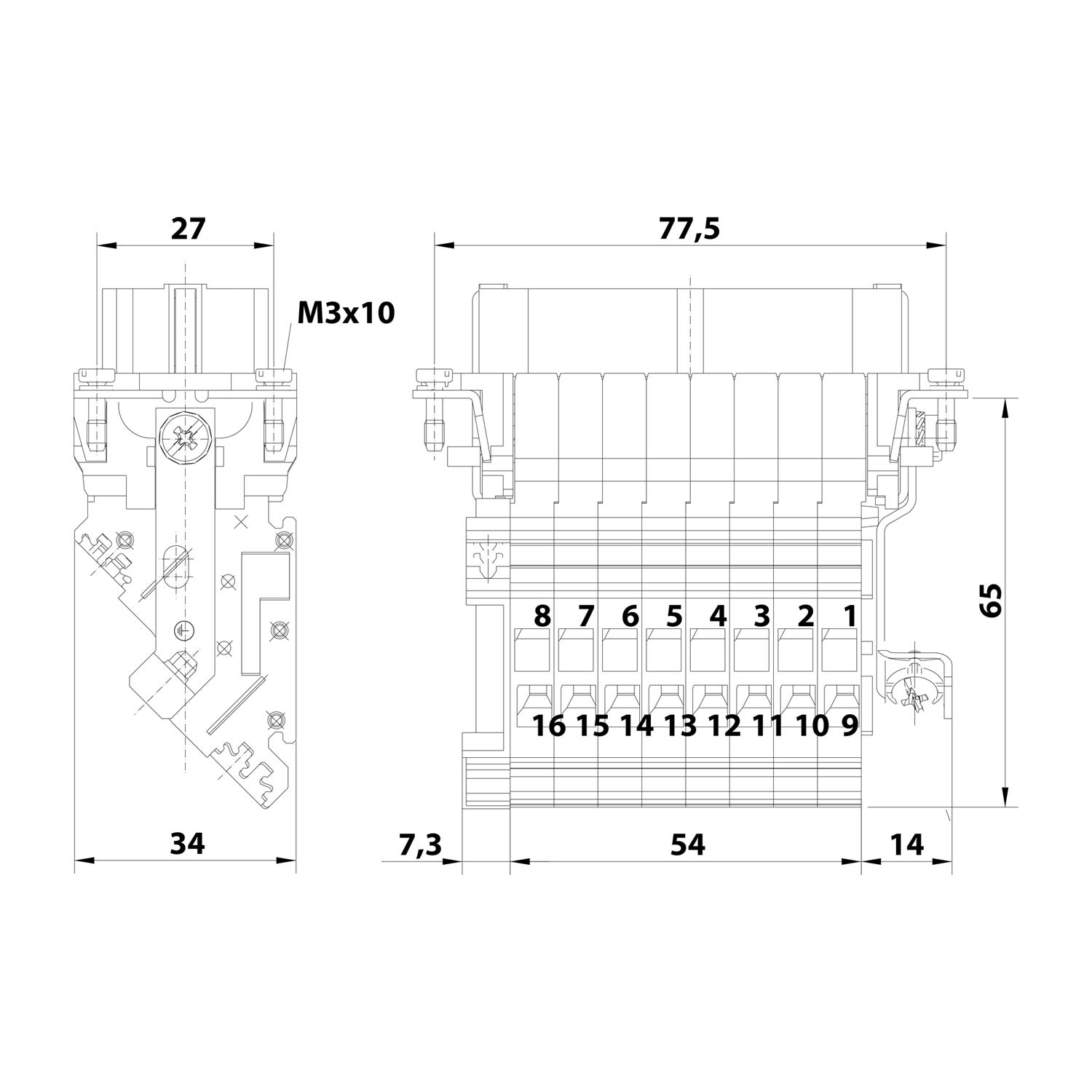 09330164725 Harting Répartiteur de raccordement Han 16E Insert femelle (F) « gauche » Connexion à vis, 16-à pôles+PE 500 V, 16A