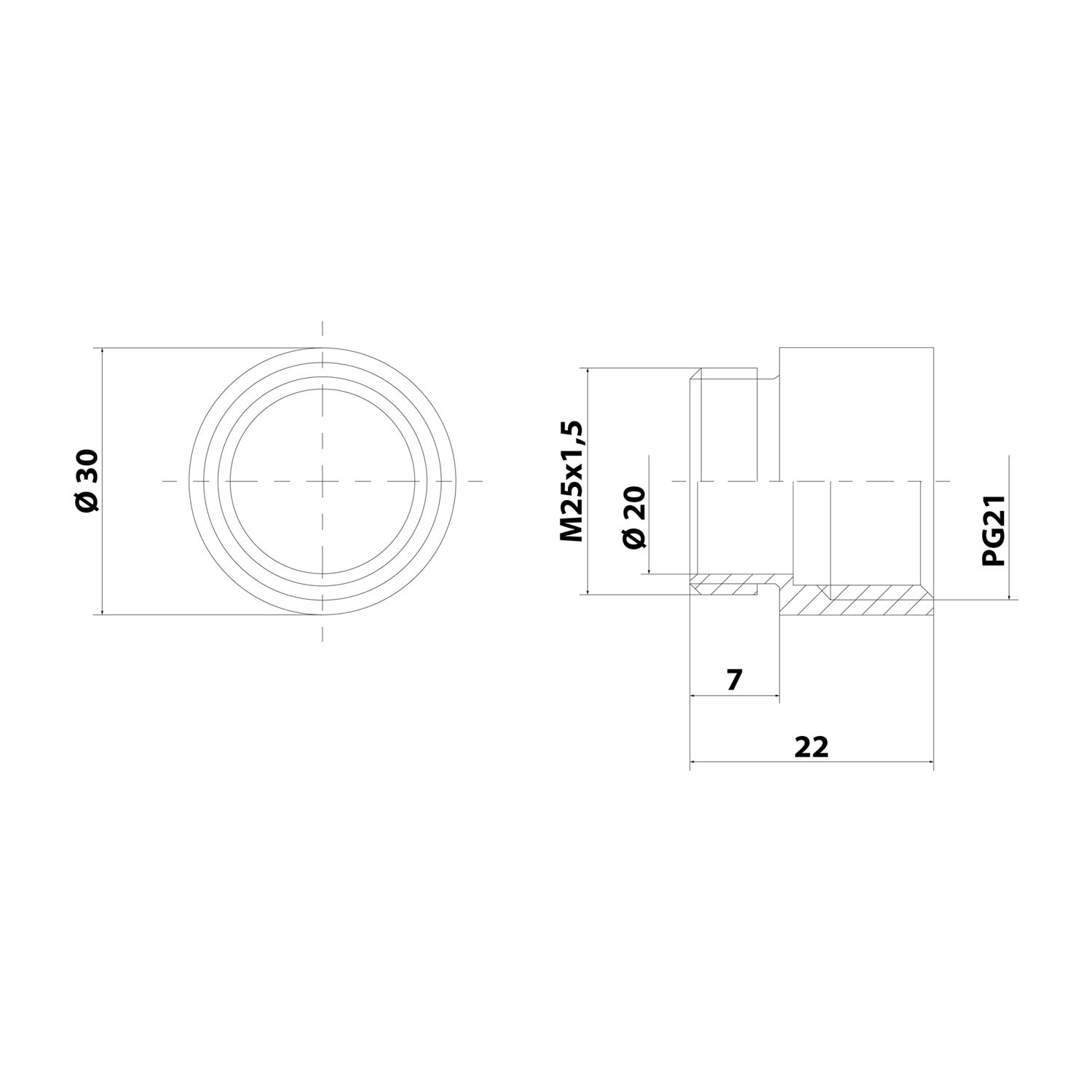Intermediate connection M/PG from M25x1.5 at PG21x1588 MZM-M/PG around Brass (CuZn) nickel-plated Connection thread 7.0 mm