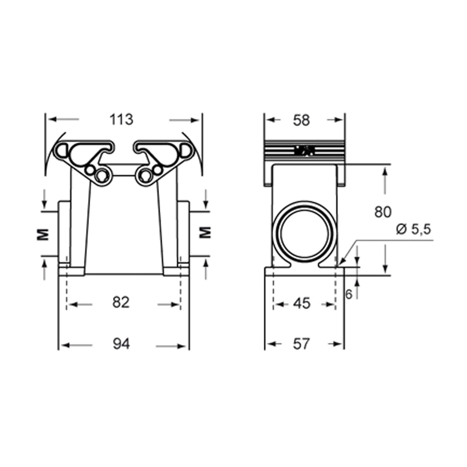 Base housing, high, taille 57.27, T-Type H plastique, 2 brackets, 1xM25 on the side