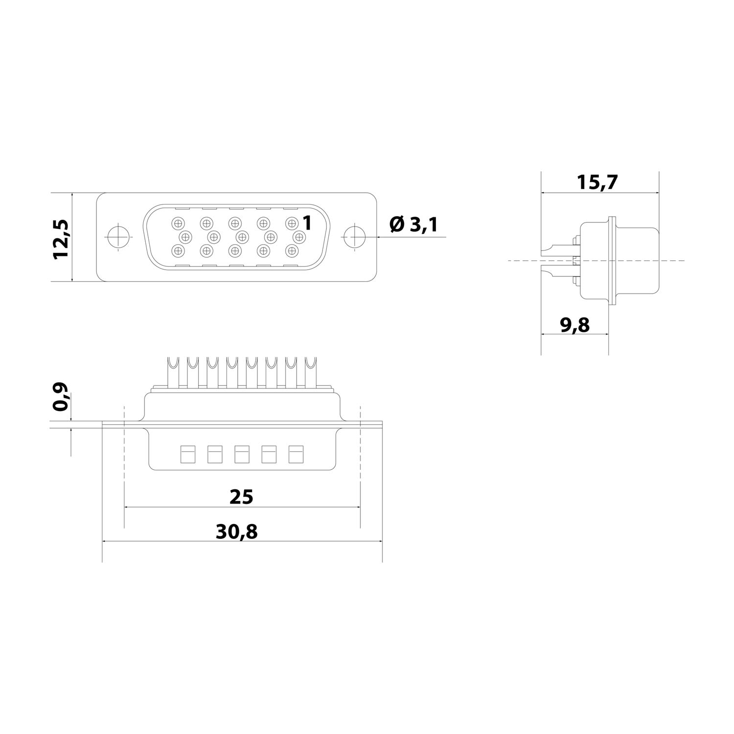 D-Sub Socket insert (F) High Density (HD) suitable for D-Sub backshell size 9 and D-Sub module 15-pole Manual solder connection