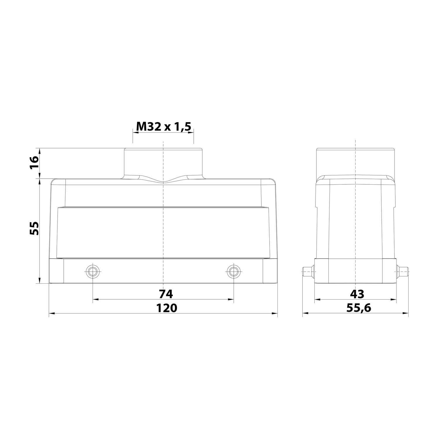 19628241422 Harting Han 24B EMC / High Temp Hood low, 1xM32 straight cable outlet, for 2 levers (on the lower part) Screw connection M32 Clamping range 11.0 mm - 21.0 mm