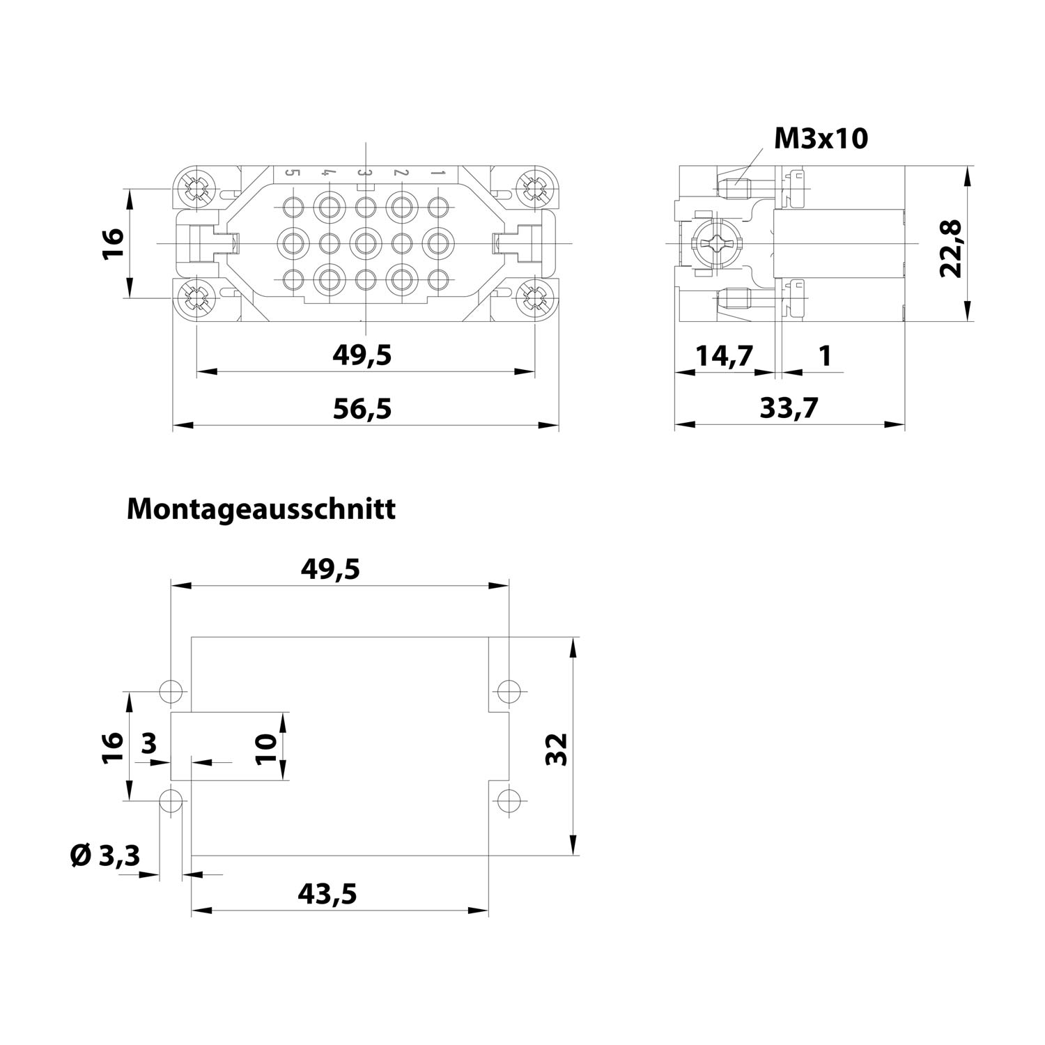 09210153001 Harting Han 15D Pin insert (M) Crimp connection, 15-pole+PE 250V, 10A