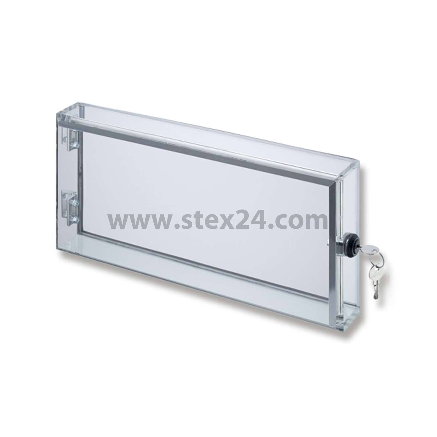 Viewing window made of acrylic glass XT and Lock Wall thickness 8.0 mm, frameless, Mounting type Screw fastening Dimensions L/W/H 250.0 mmx200.0 mmx56.0 mm