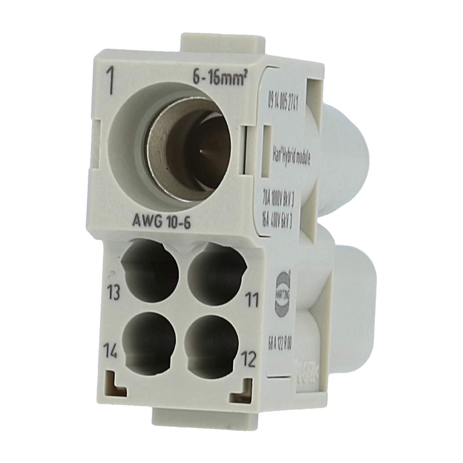 09140052741 Harting Han 70 Amp hybrid module Socket insert (F) Axial screw / crimp connection, 5-pole 1/4 1000V - 400V Control contact, 70A/16A