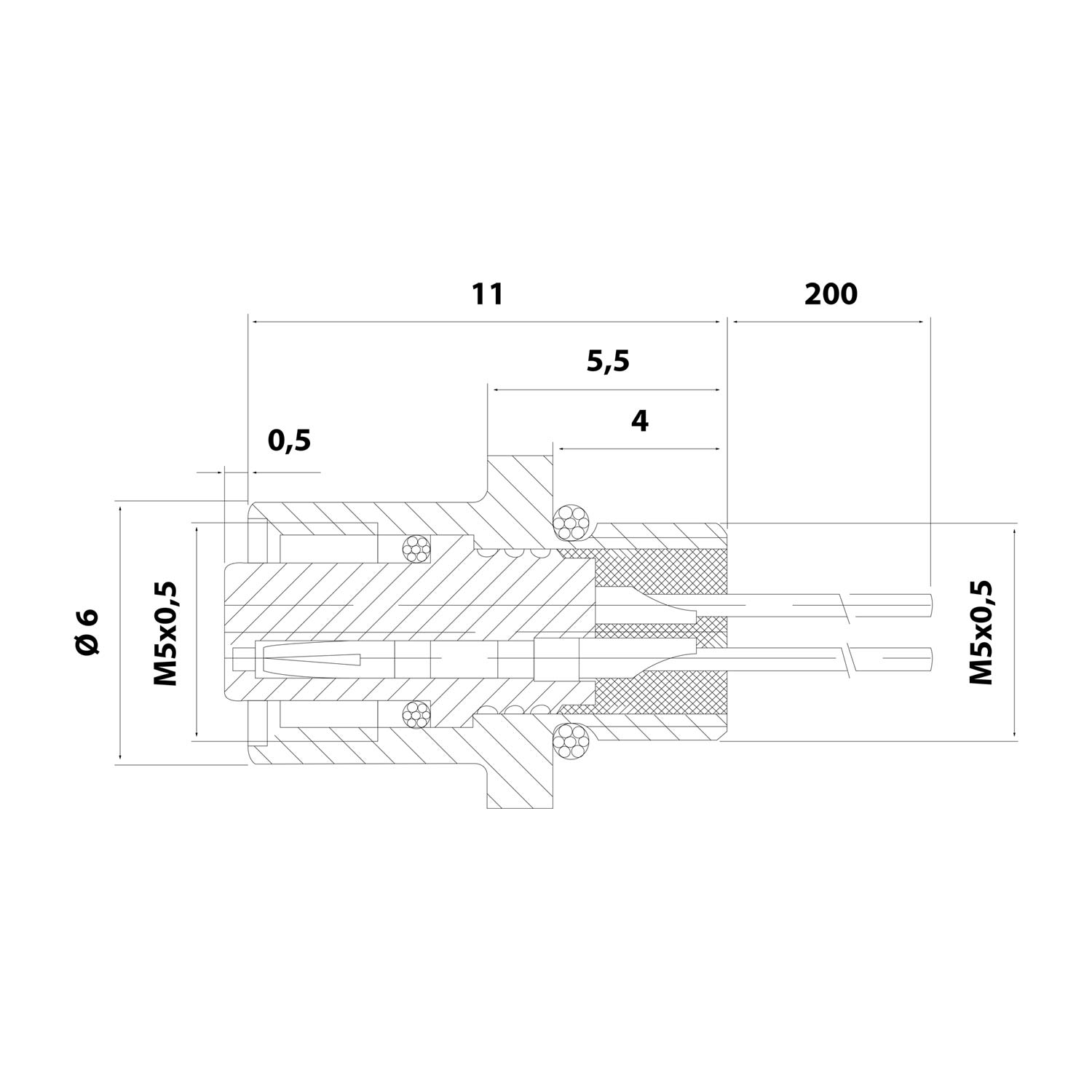 M5 Device connector straight Socket Number of poles 3-pole Front wall, Stranded wires 0.14 mm² AWG26, Length 200.0 mm