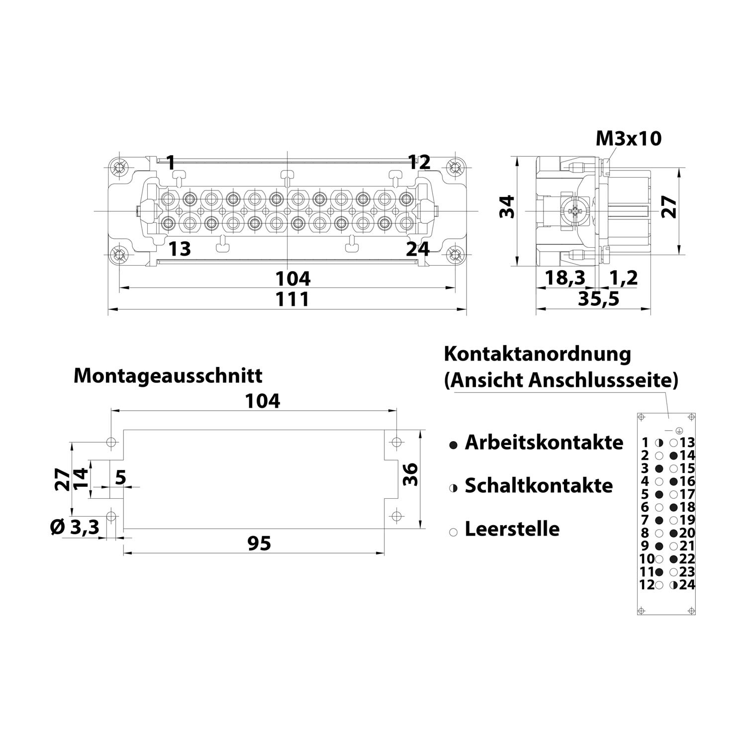 09340102702 Harting Han 10HvE with 2 switching contacts Socket insert (F) Crimp connection, 12-pole 10/2+PE 830V - 500V Control contact, 16A