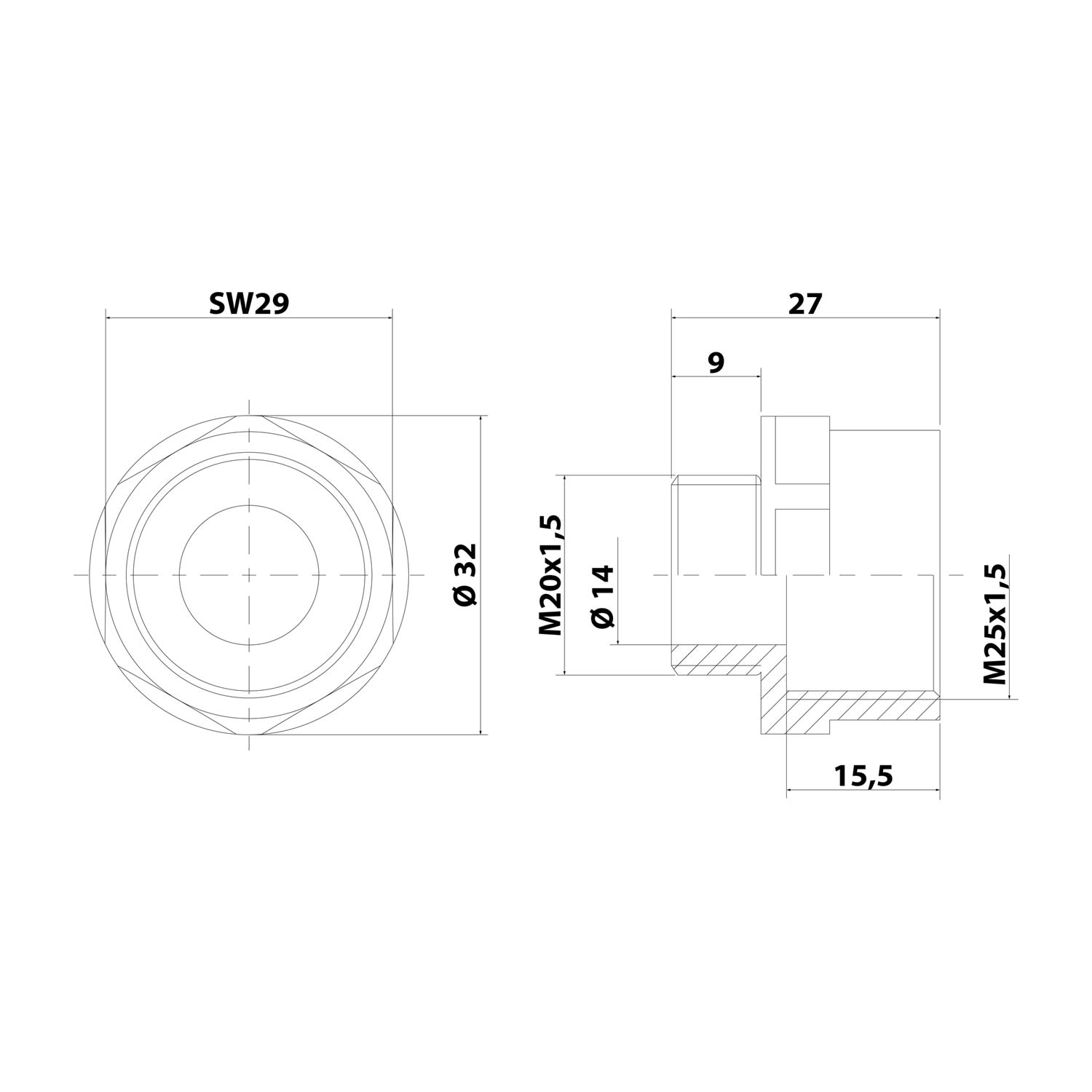 10063572 WISKA Extension M/M de M20x1.5 sur M25x1.5 KEM-M20/M25 hexagonal Polyamide (PA) Filetage de raccordement 9,0 mm