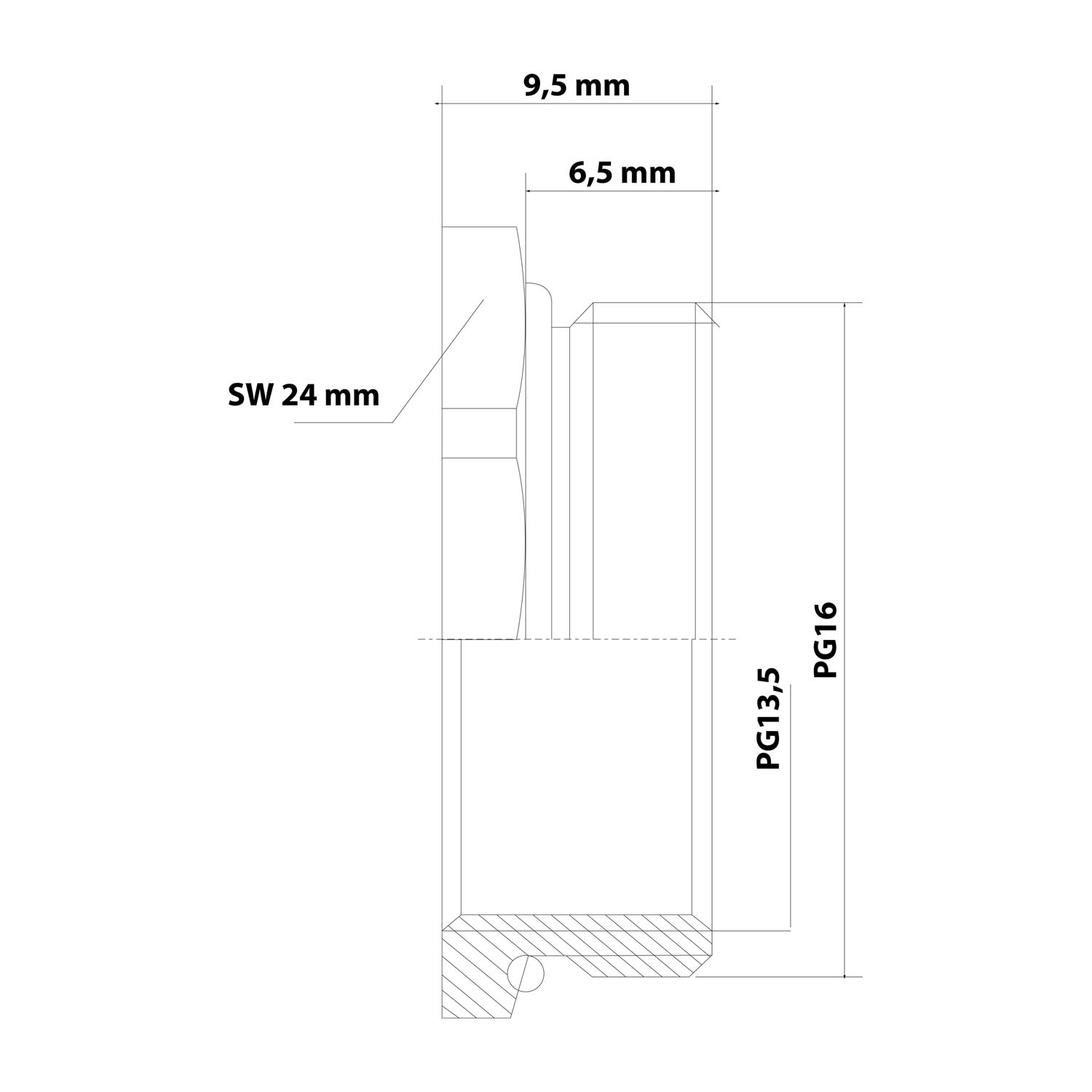 Reduction PG/PG from PG16x1.41 at PG13.5x1.41 MRR1613 Hexagon Brass (CuZn) nickel-plated Connection thread 6.5 mm