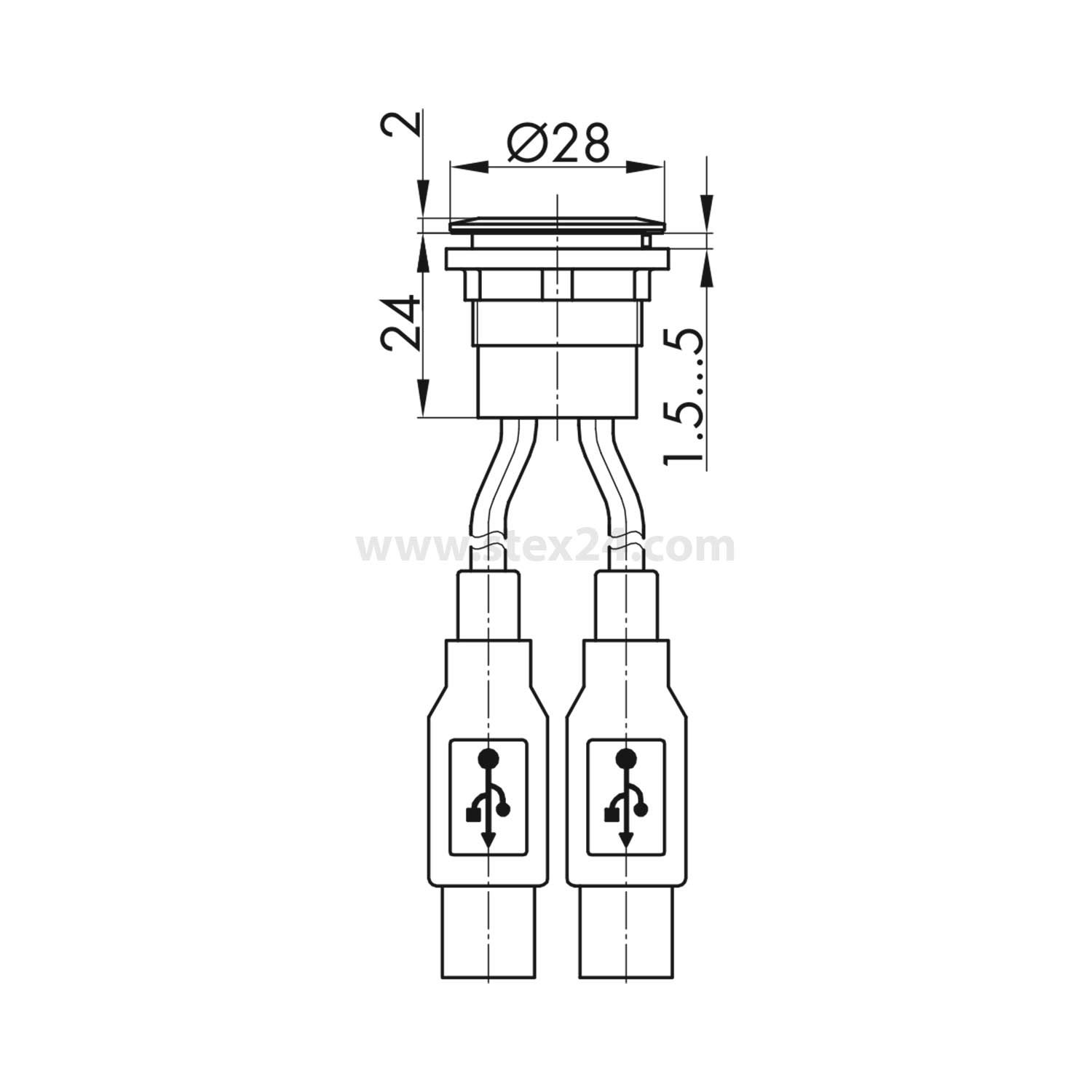 RRJVA_2USB Georg Schlegel Double USB socket, Stainless steel twin around, RONTRON-R-JUWEL Socket/cable plugType Page 1: 2xUSB 2.0 socket type A