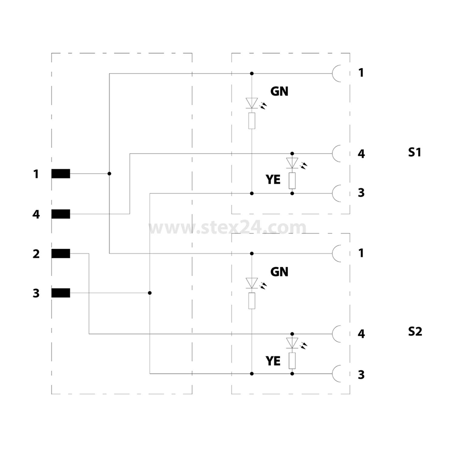 1458745 PHOENIX CONTACT M8/M8/M8 Câble de distribution avec LED 1xmâle/2xfemelle droit/coudé 3/3-pôles A-Codage, 24 V, 4A, Nombre de fils 3, Longueur 0,3 mètres Forme de construction Page 1 1xM8 droit Mâle