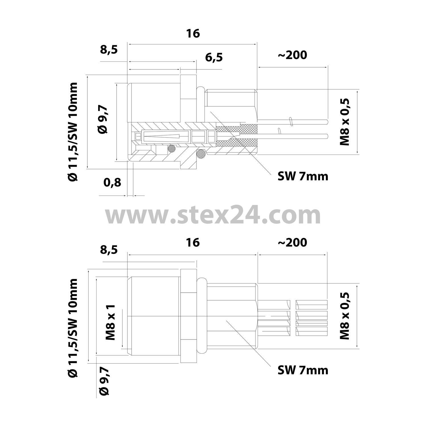 M8 Device connector straight Socket Number of poles 6-pole Front wall, Stranded wires 0.25 mm² AWG24, Length 200.0 mm
