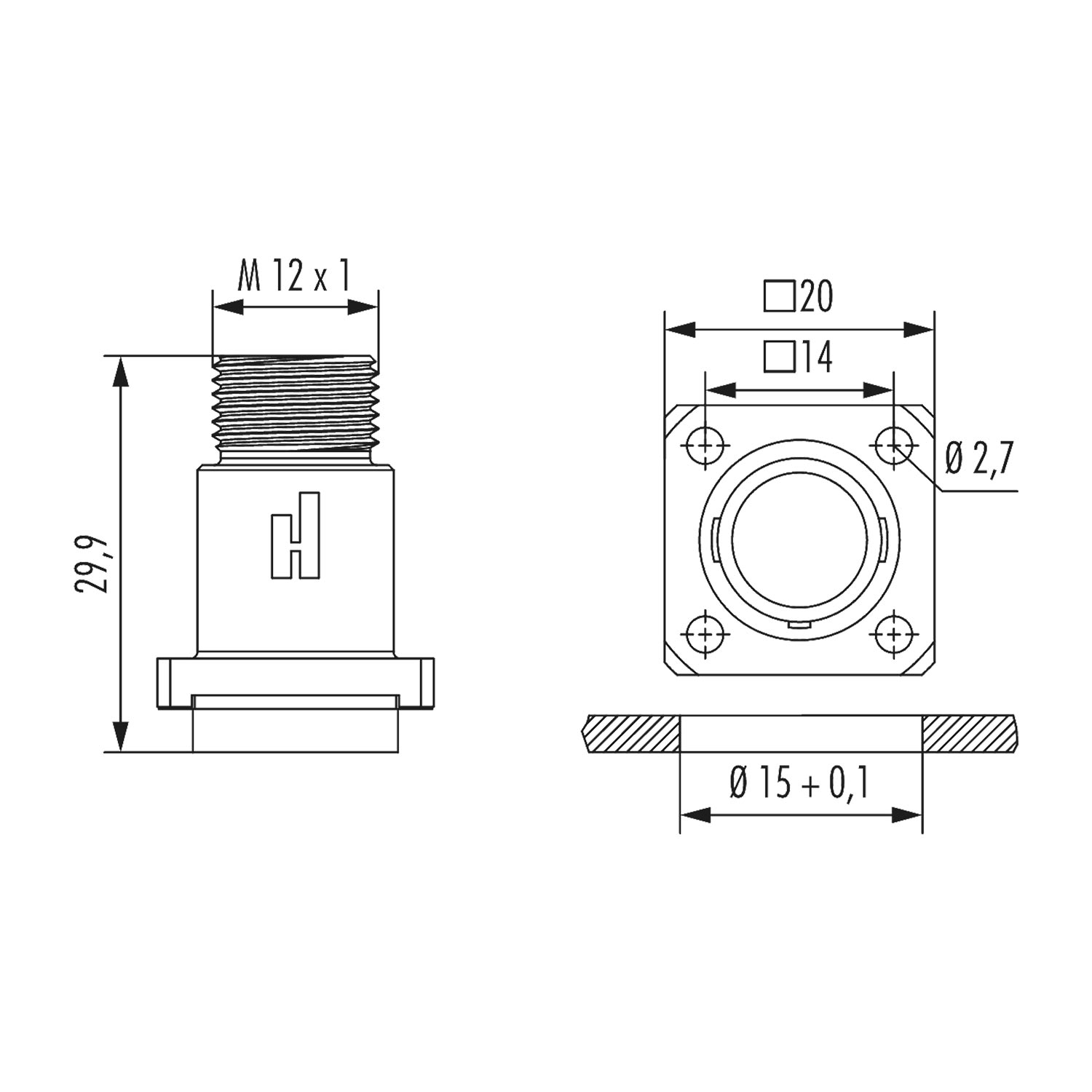 A712-7K40000000 Hummel M12 Power Device plug for pin straight Front wall Colour silver