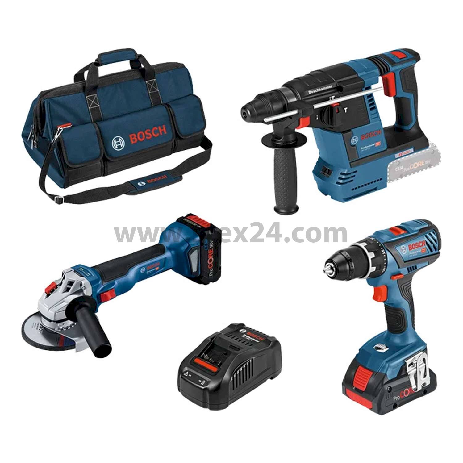 BOSCH Bosch battery combo kit drill driver, hammer drill, angle grinder, Tool set: GSR + GBH + GWS, SET 3 pieces incl. ProCORE lithium-ion battery Battery voltage 18V, 1x 4.0 Ah and 1x 8.0 Ah Battery charging voltage 14,4V to 18V