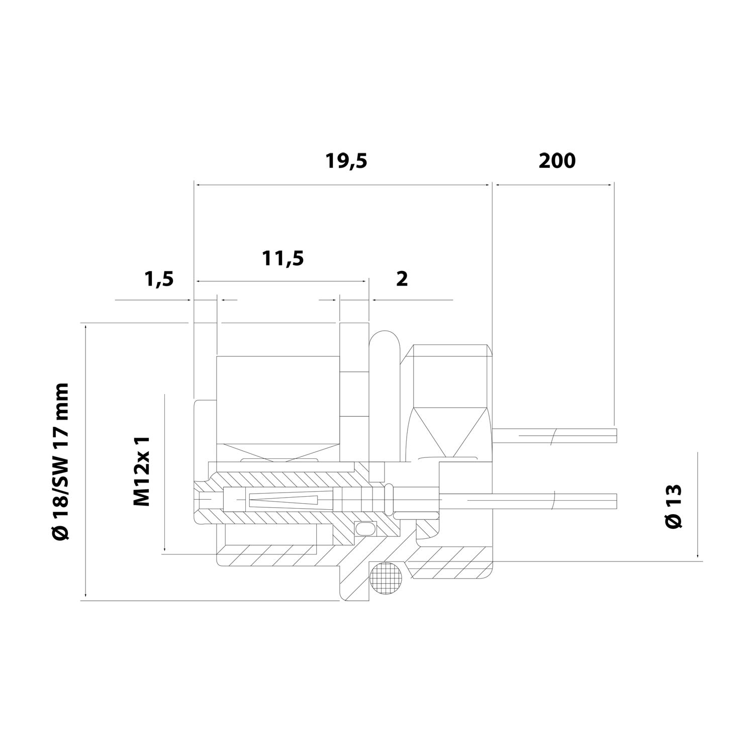 M12 Device connector straight Socket Number of poles 4-pole Front wall, Stranded wires 0.25 mm² AWG24, Length 200.0 mm