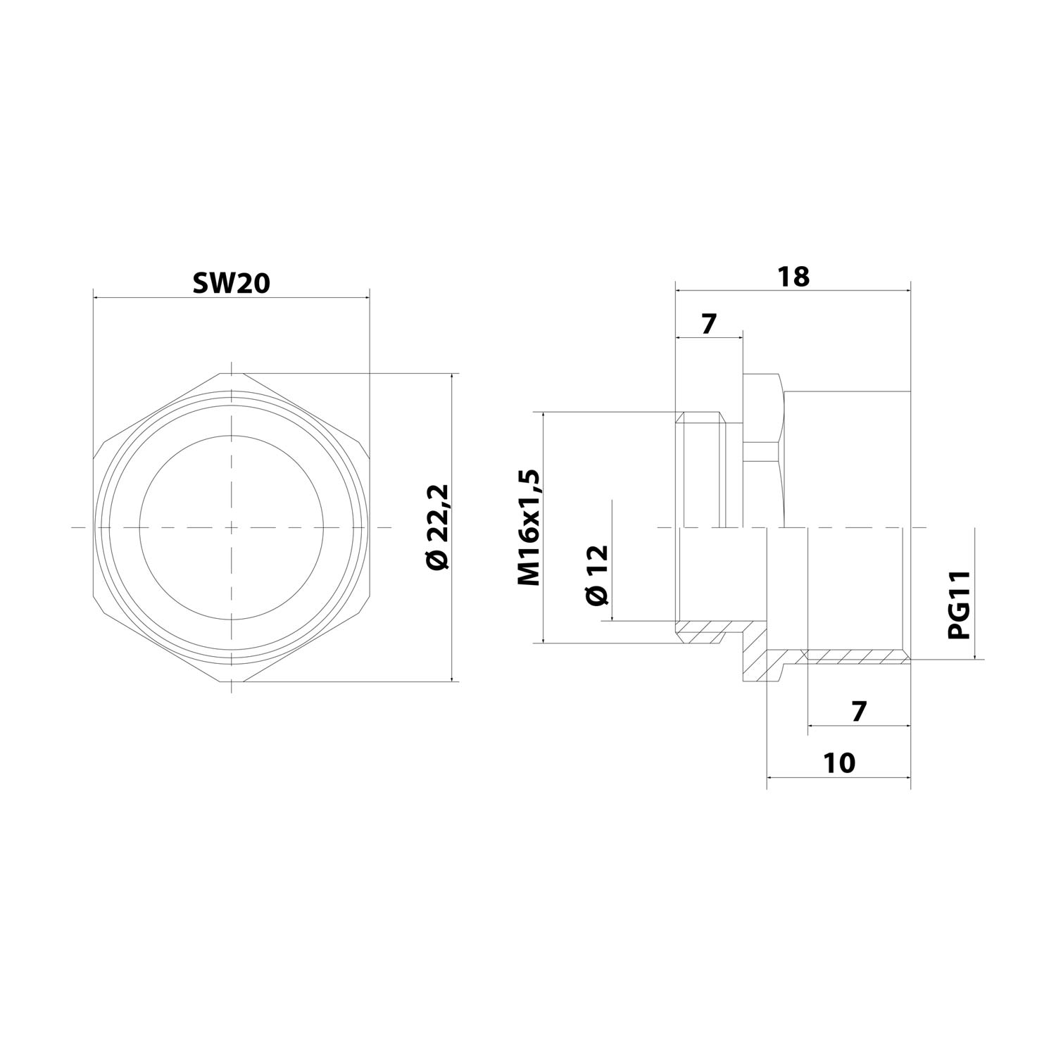 10063915 WISKA M/PG adapter support from M16x1.5 at PG11x1.41 MMP-M/PG Hexagon Brass (CuZn) nickel-plated Connection thread 6.0 mm
