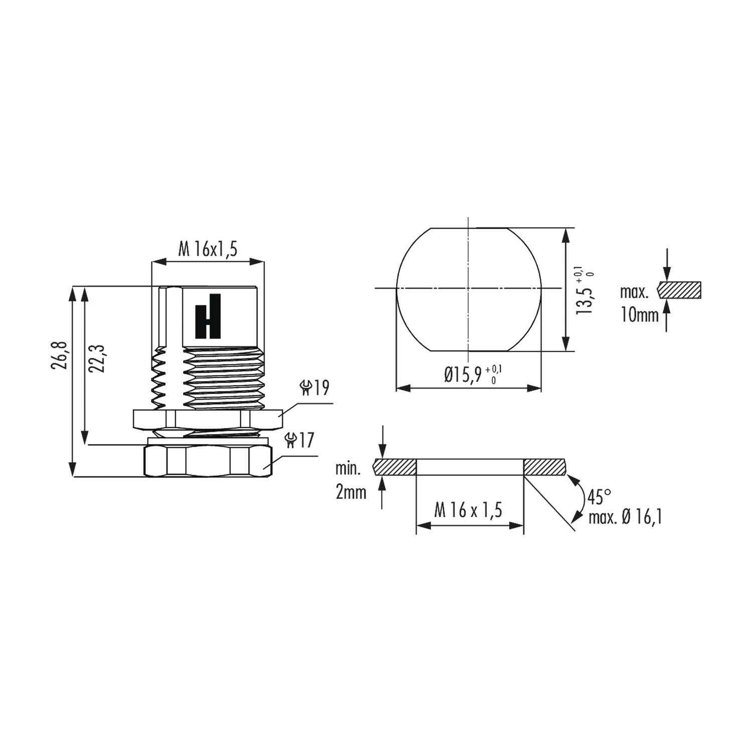 A712-7K51000000 Hummel M12 Power Device plug for socket straight Rear wall Colour silver