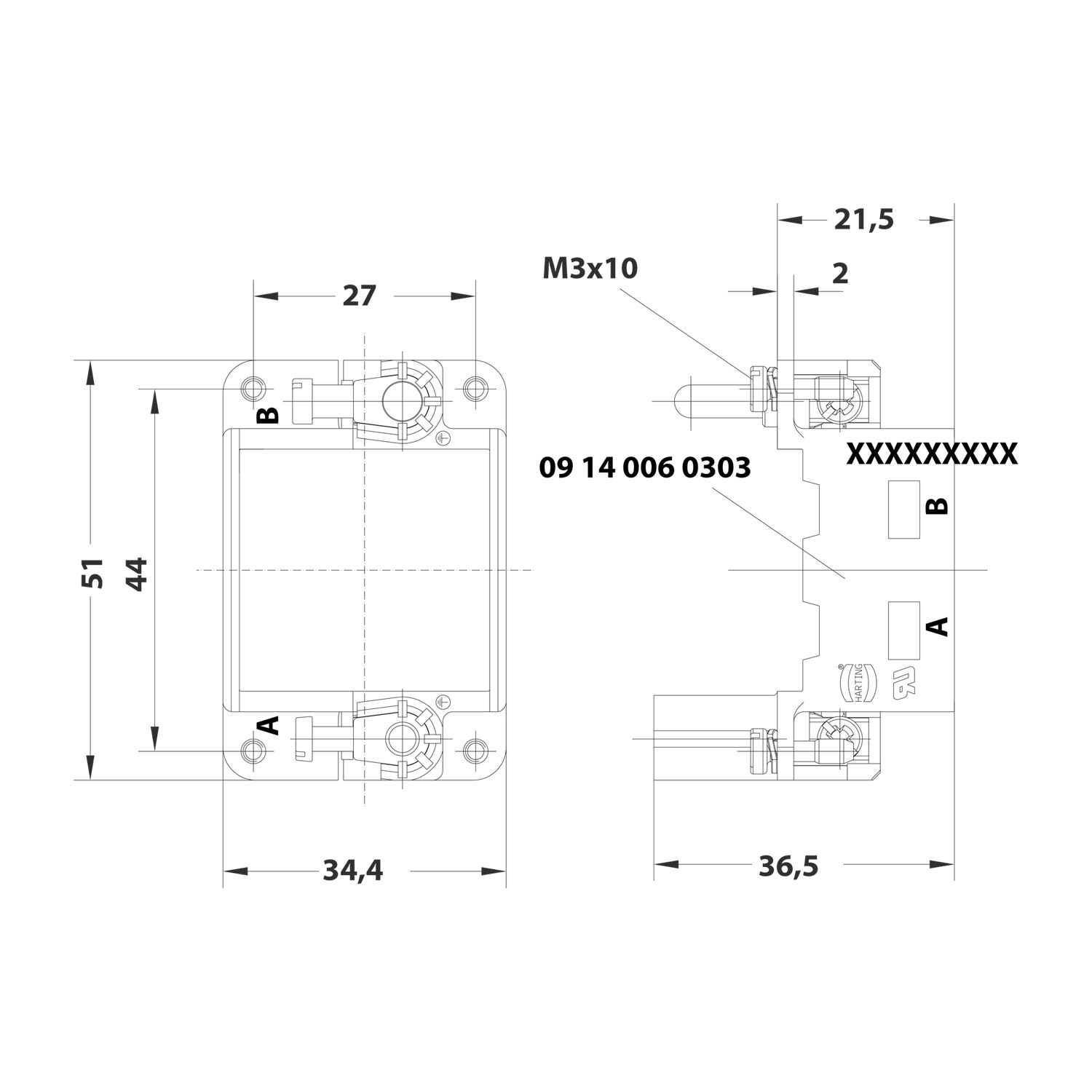 09140060303 Harting Cadre articulé (M) Han, Taille 6B mâle, pour 2 modules Section transversale PE 1 mm² - 2,5 mm² / 4 mm² - 10 mm² Plage de température -40 °C jusqu’à 125 °C